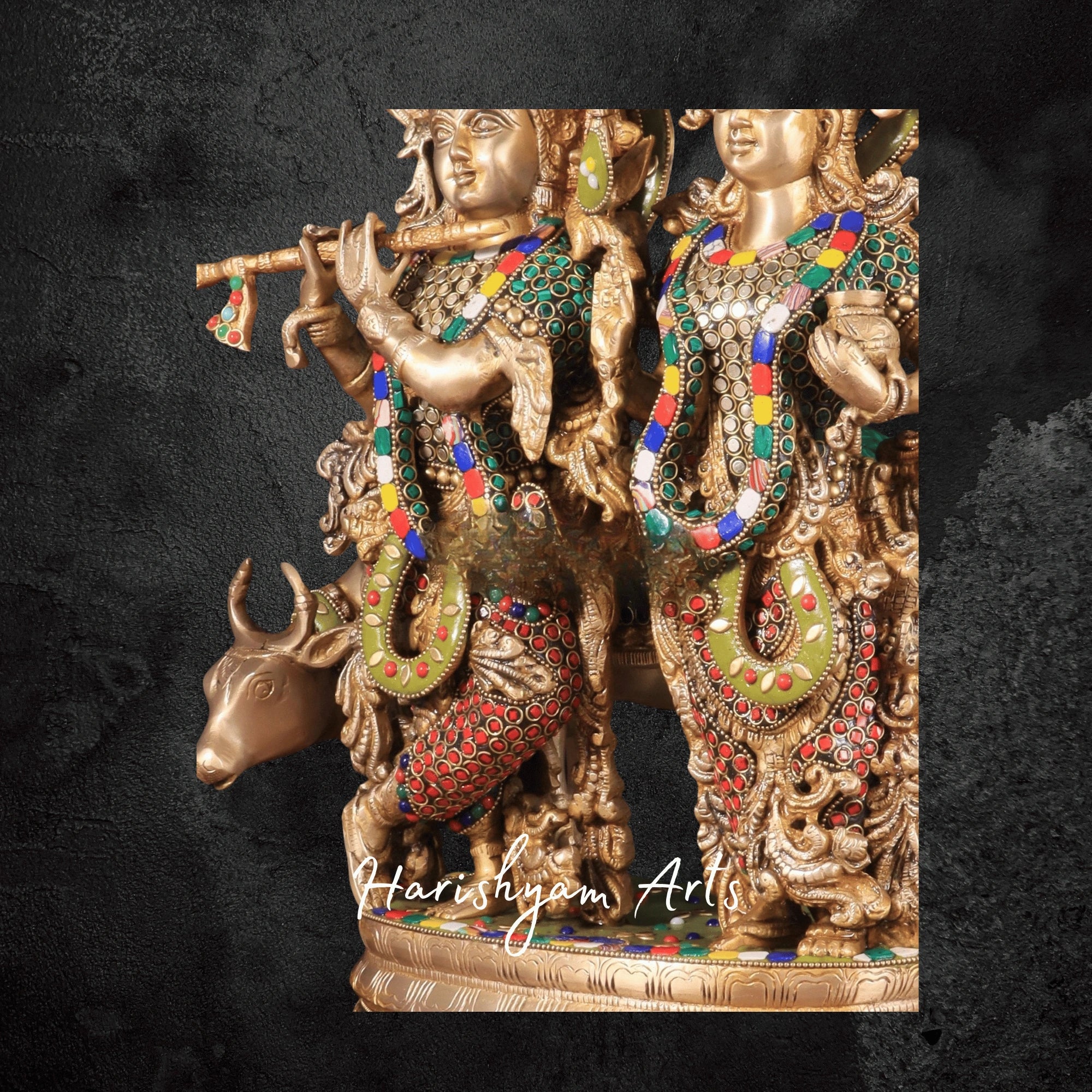 18" Brass Radha Krishna with Cow Idol Decorated with Stone Artwork