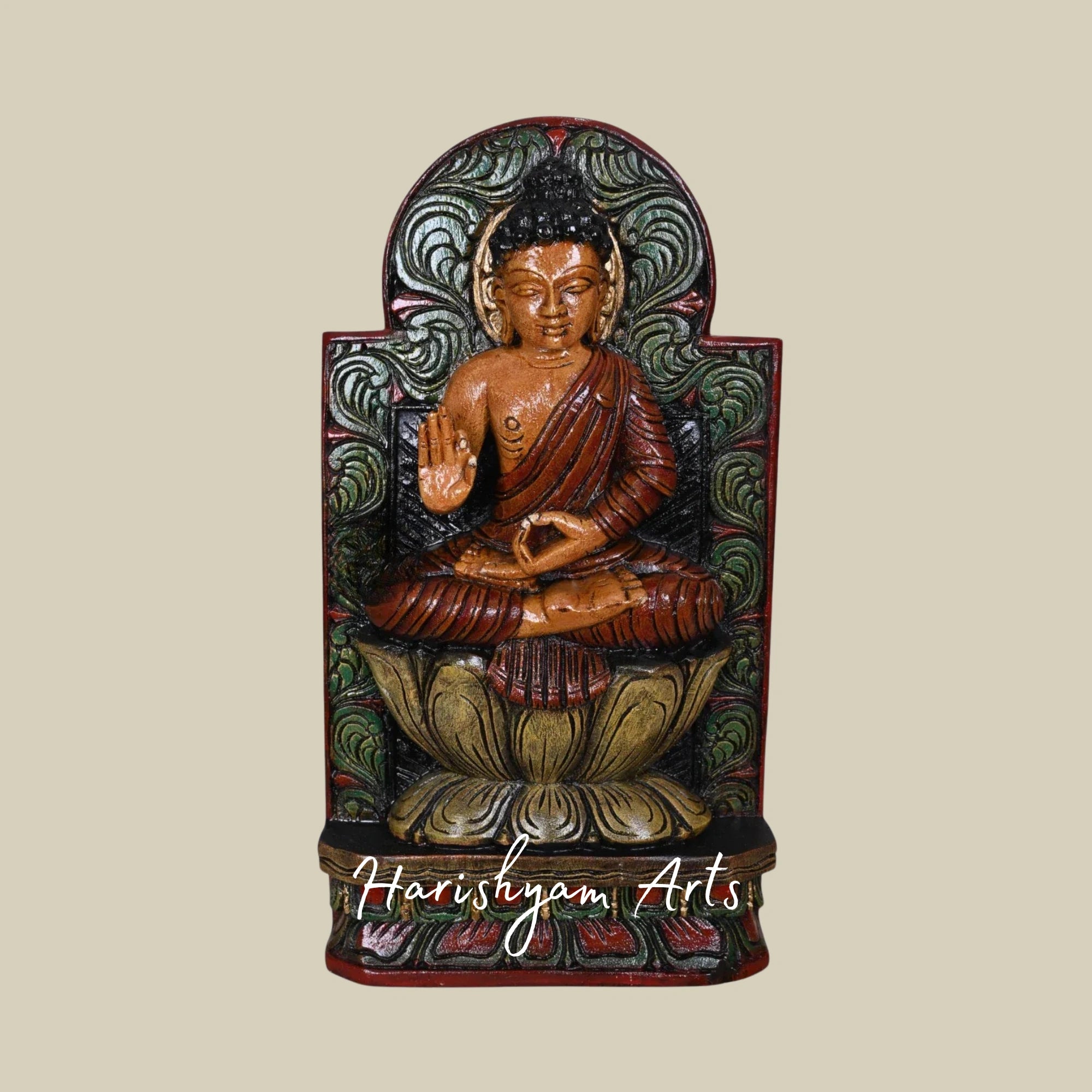 18" Brown Finished Buddha Wooden Idol Seated Gracefully on Lotus Base