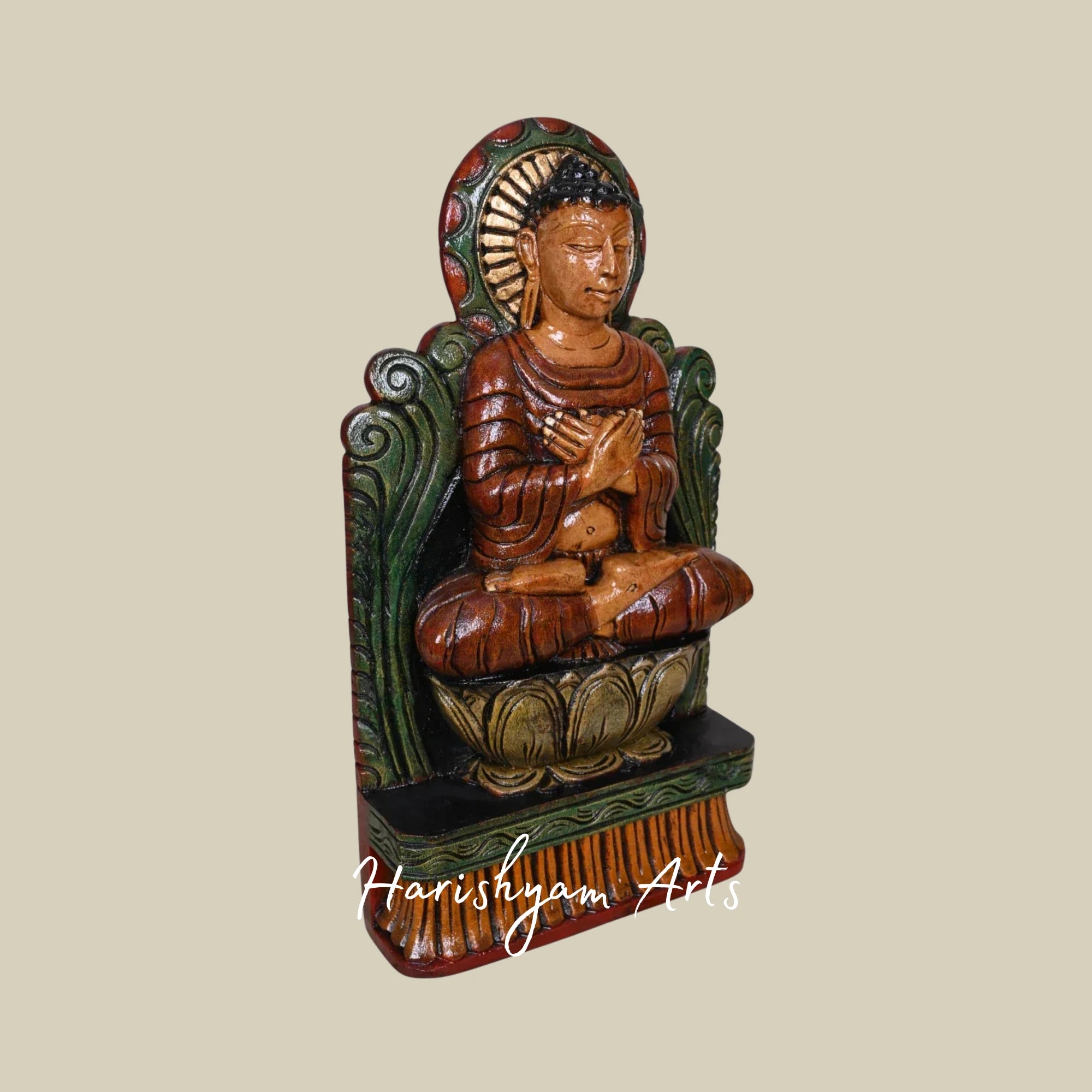 18" Brown Finished Buddha Wooden Idol Seated Gracefully on Lotus Base
