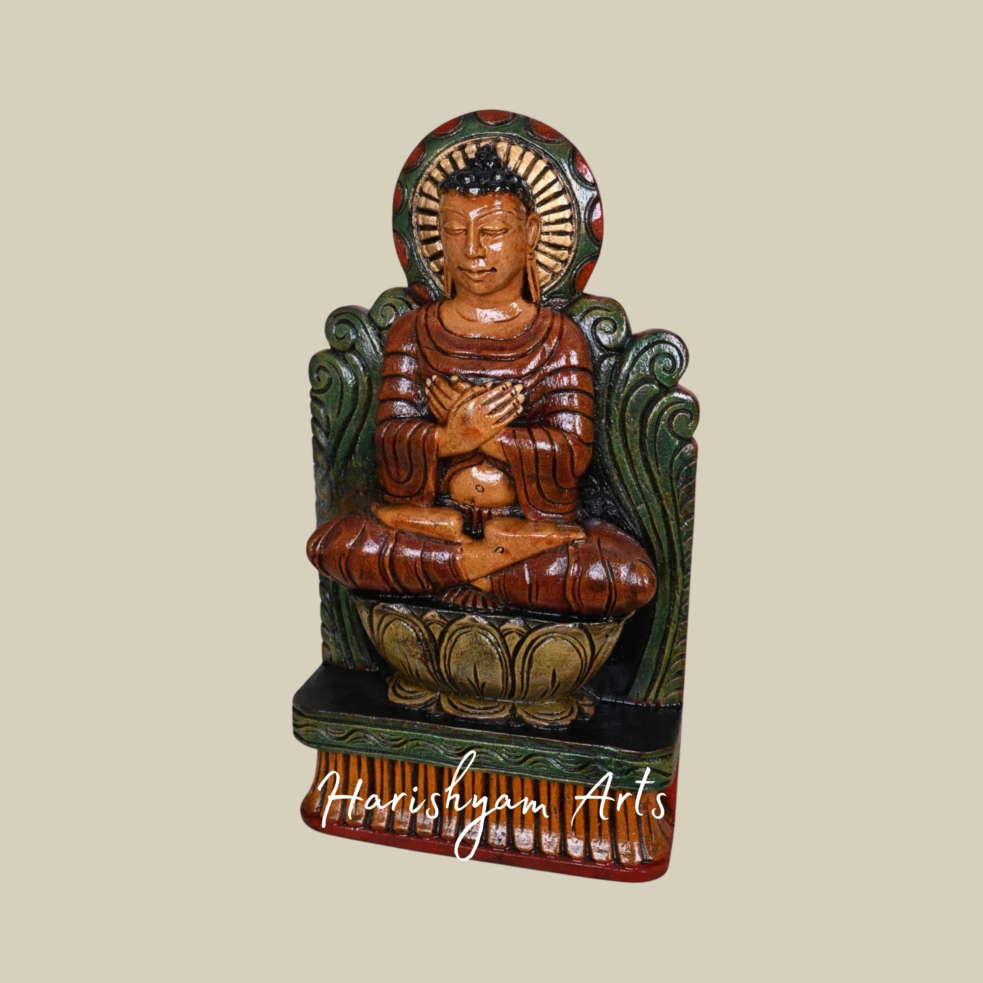 18" Brown Finished Buddha Wooden Idol Seated Gracefully on Lotus Base
