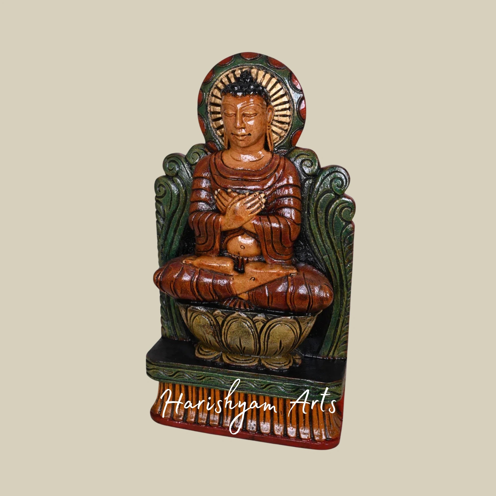 18" Brown Finished Buddha Wooden Idol Seated Gracefully on Lotus Base