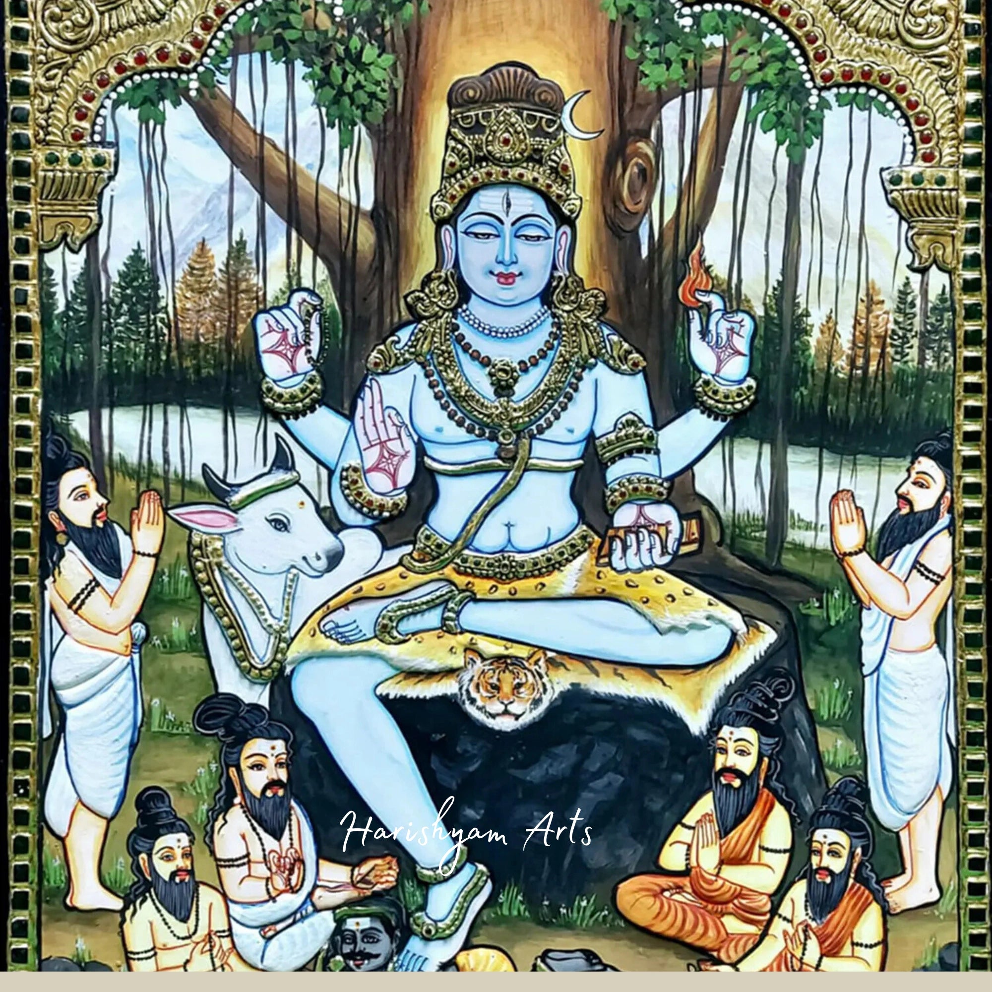 18" Dakshinamurthy Lord Shiva Tanjore Painting with Intricate Gold Detailing