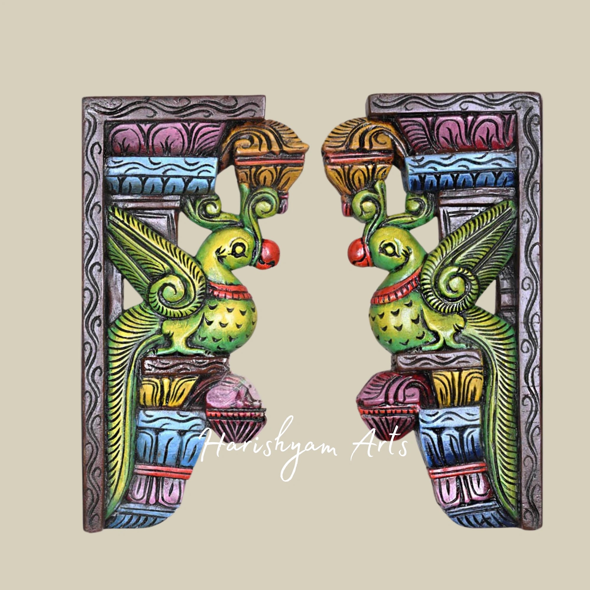 18" Designer Green Parrot Wooden Wall Brackets