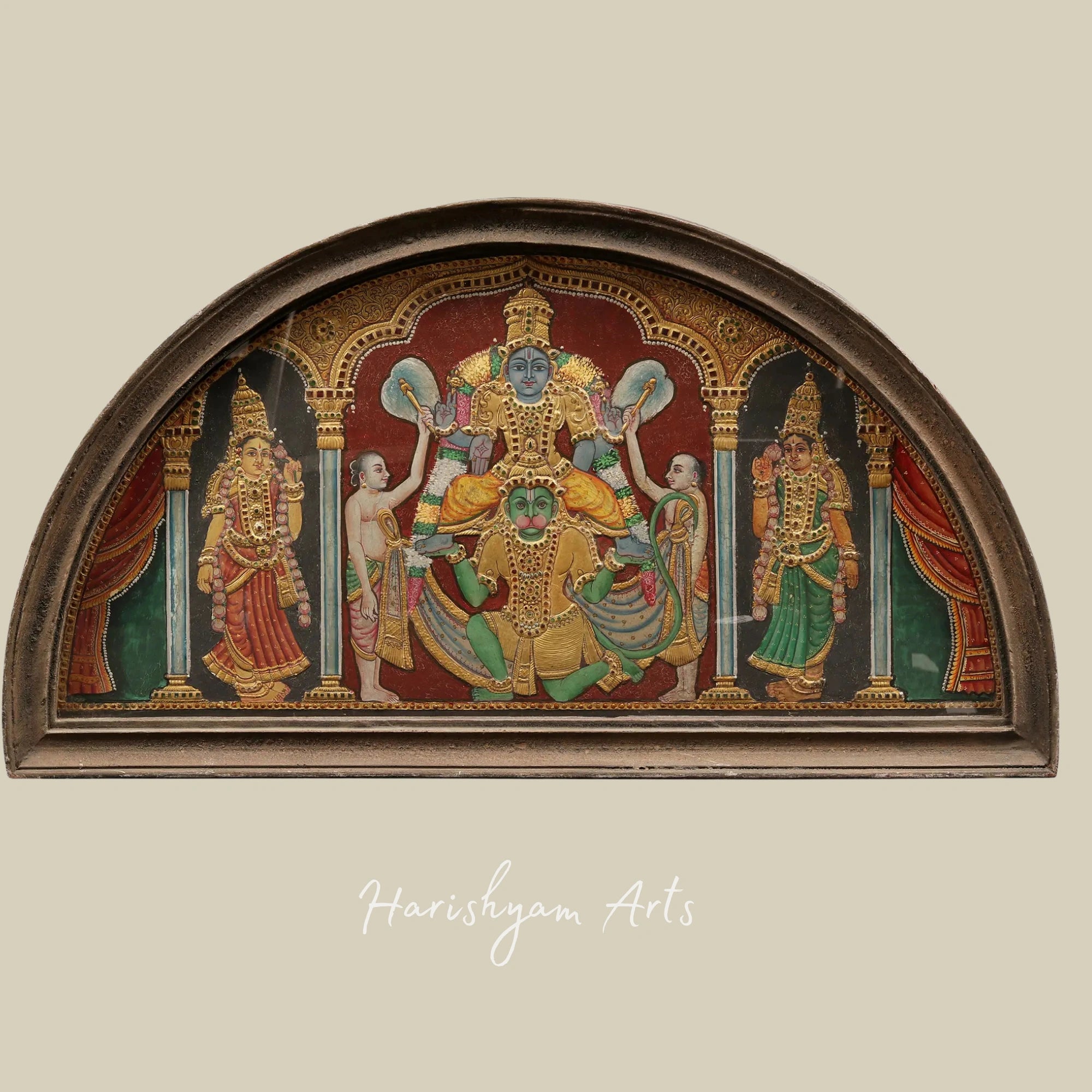 18" Devotee Hanuman Holding Lord Vishnu Tanjore Painting in a Semicircular Design with Vintage Teakwood Frame