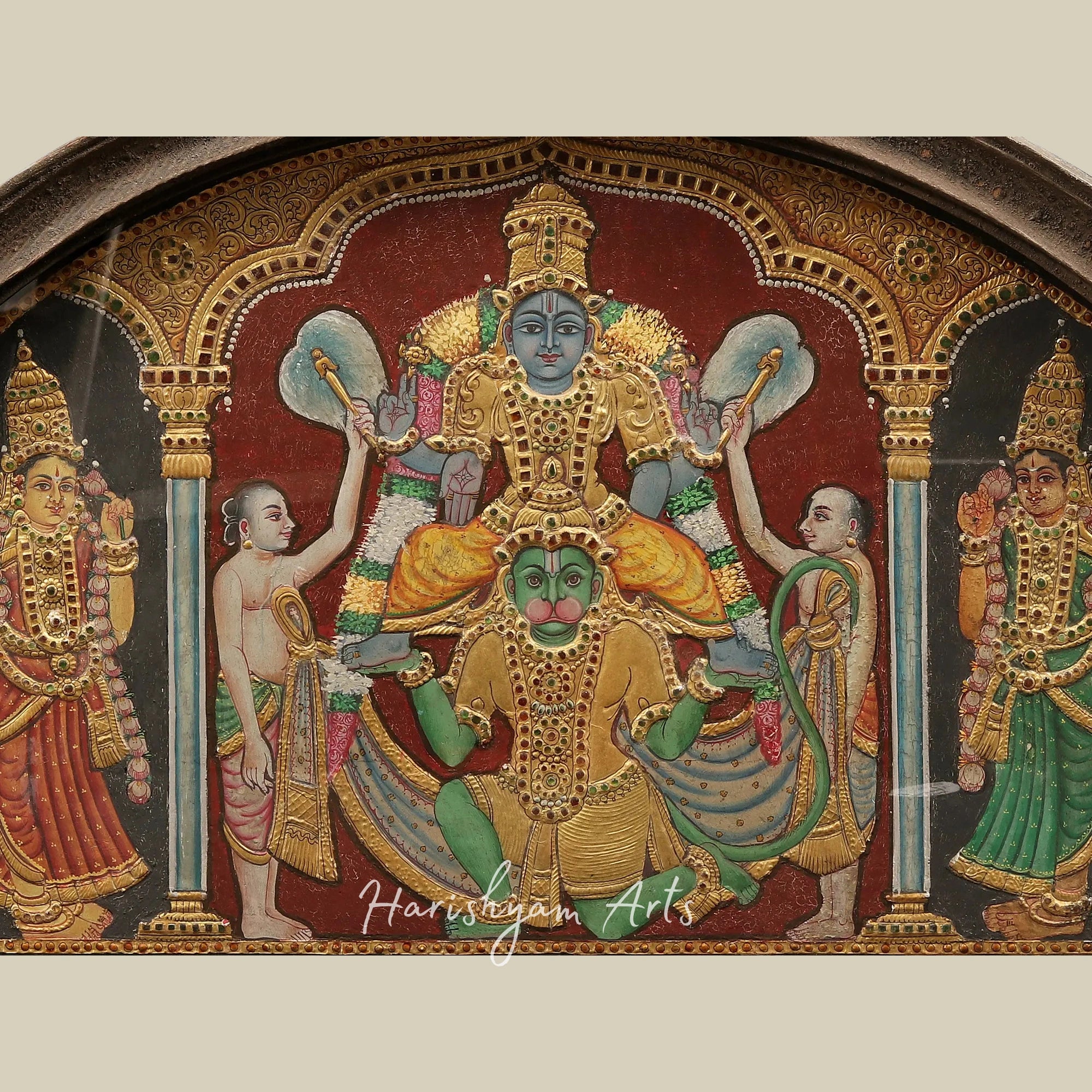 18" Devotee Hanuman Holding Lord Vishnu Tanjore Painting in a Semicircular Design with Vintage Teakwood Frame