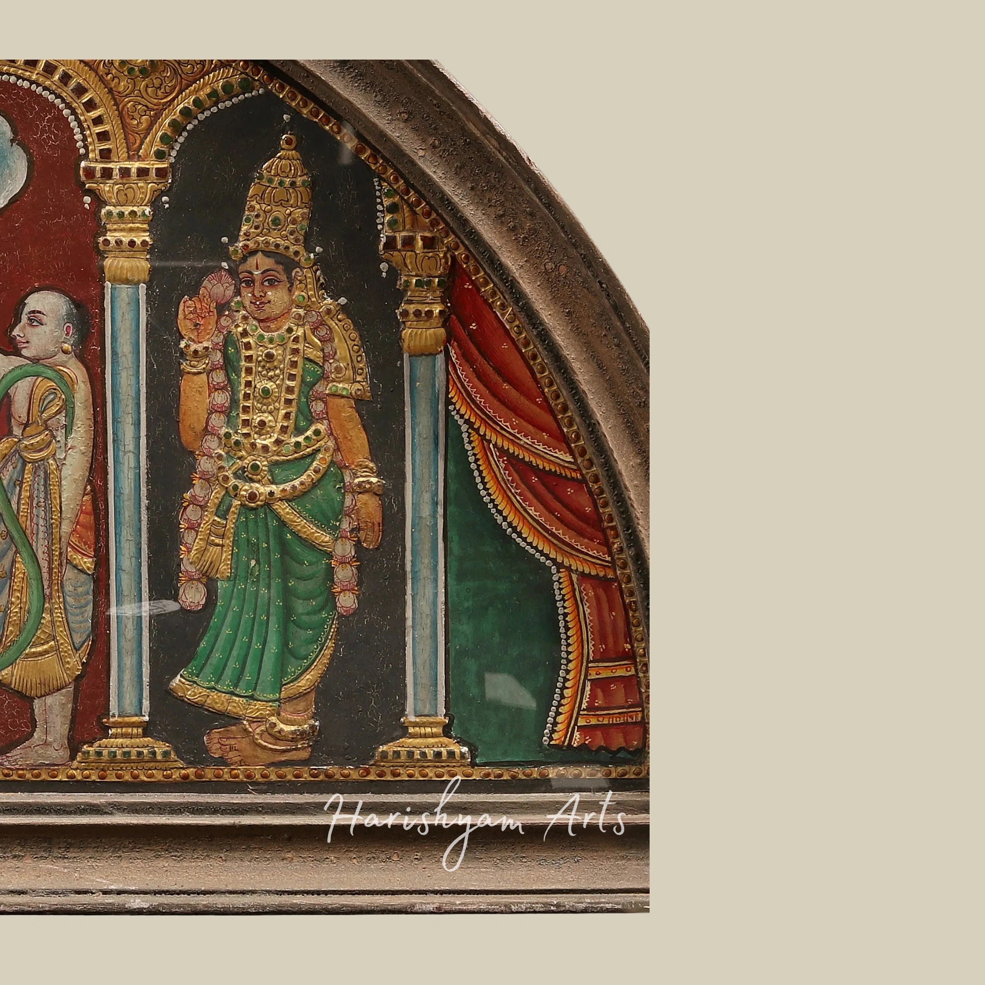 18" Devotee Hanuman Holding Lord Vishnu Tanjore Painting in a Semicircular Design with Vintage Teakwood Frame