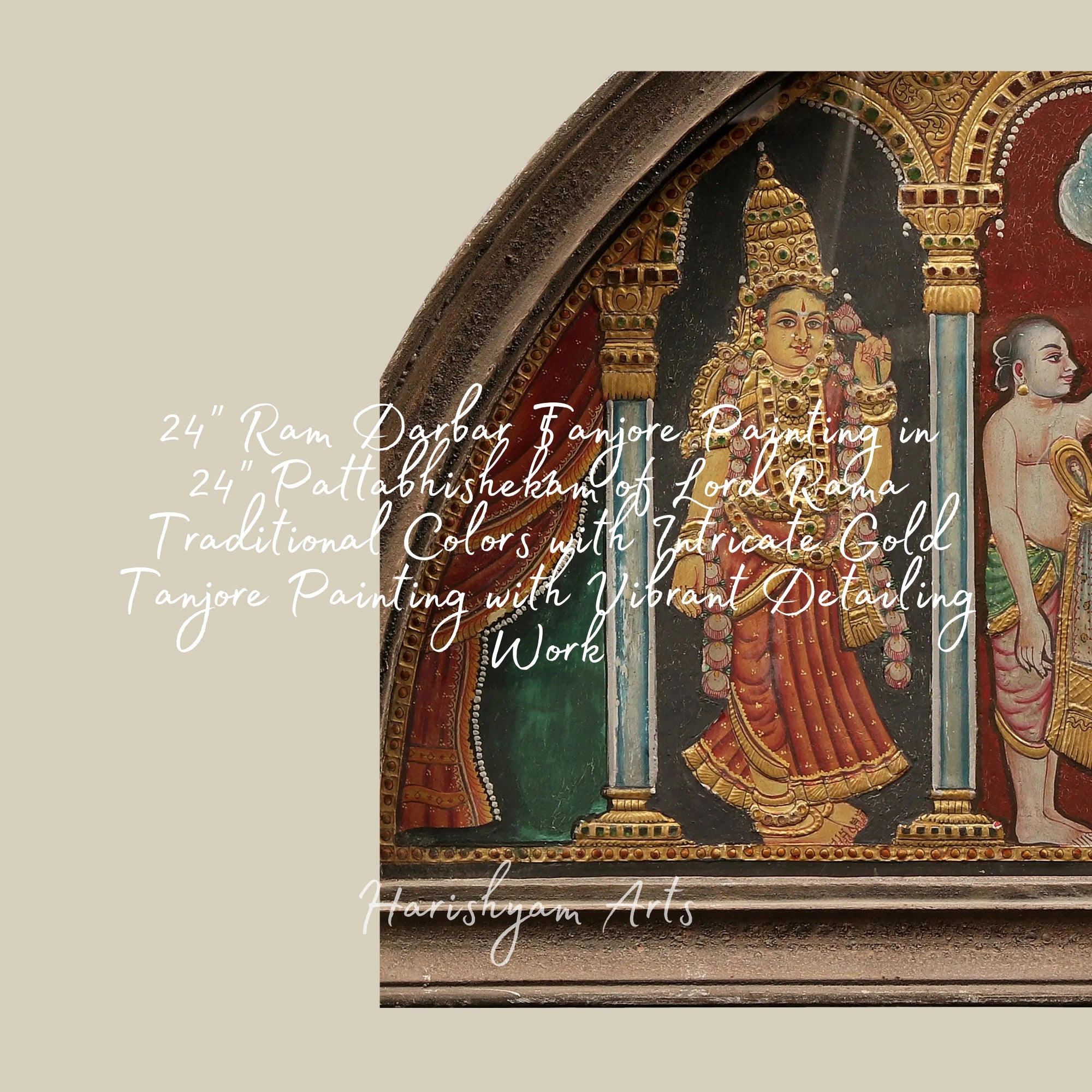18" Devotee Hanuman Holding Lord Vishnu Tanjore Painting in a Semicircular Design with Vintage Teakwood Frame