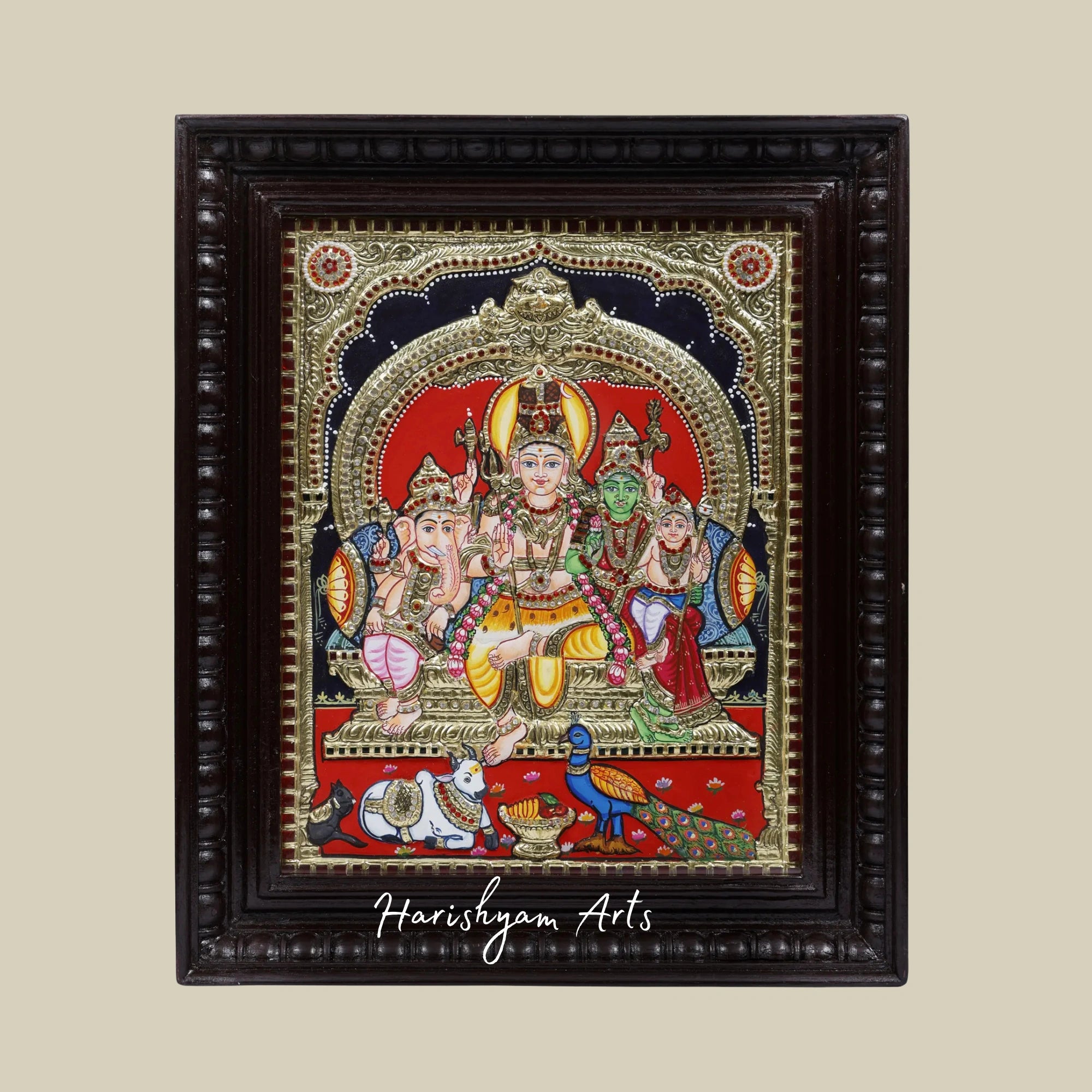 18" Exquisite Shiva Parivar Tanjore Painting with 24 Karat Gold Work