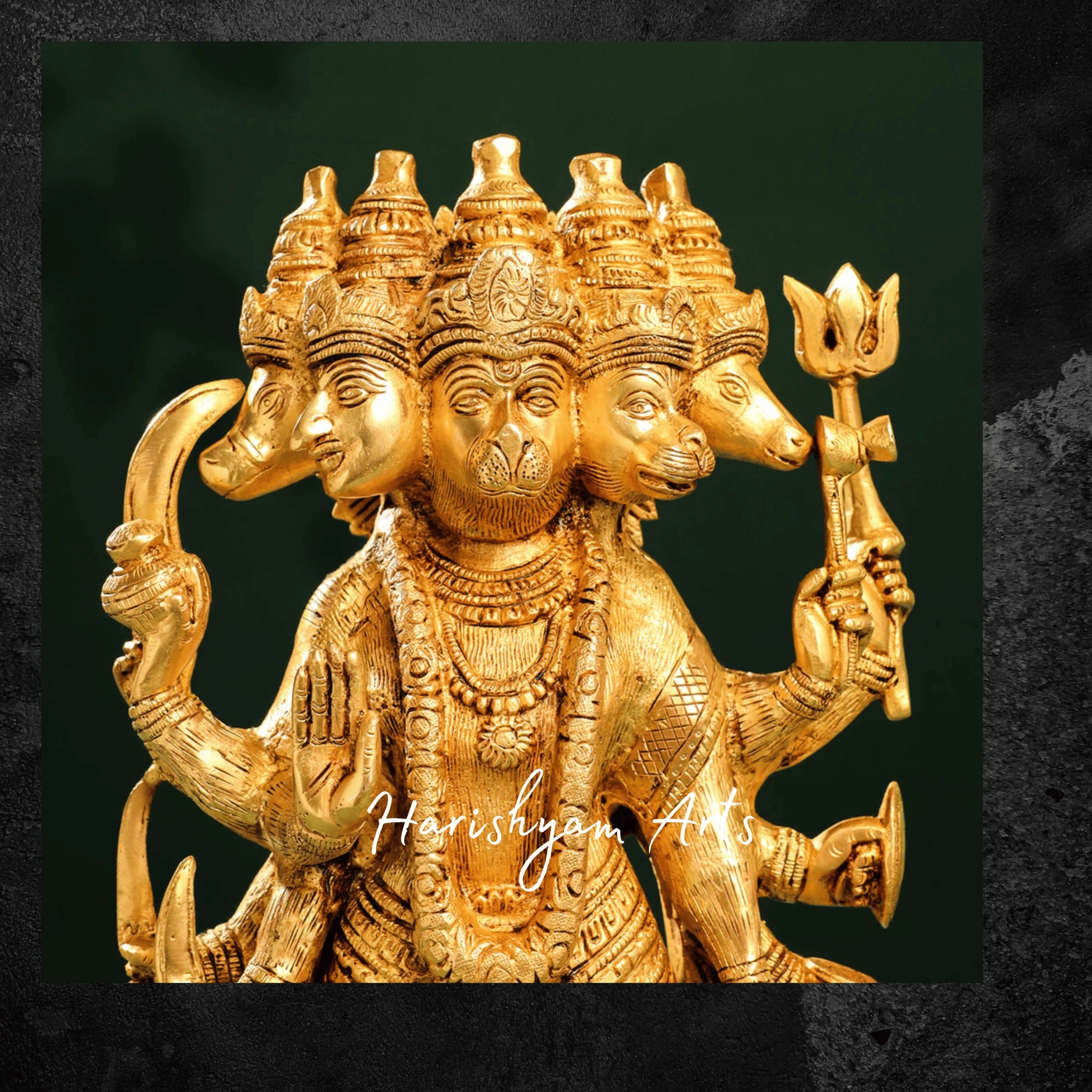 18" Gold Polish Brass Hanuman Murti in Panchmukhi Form for Protection and Blessings