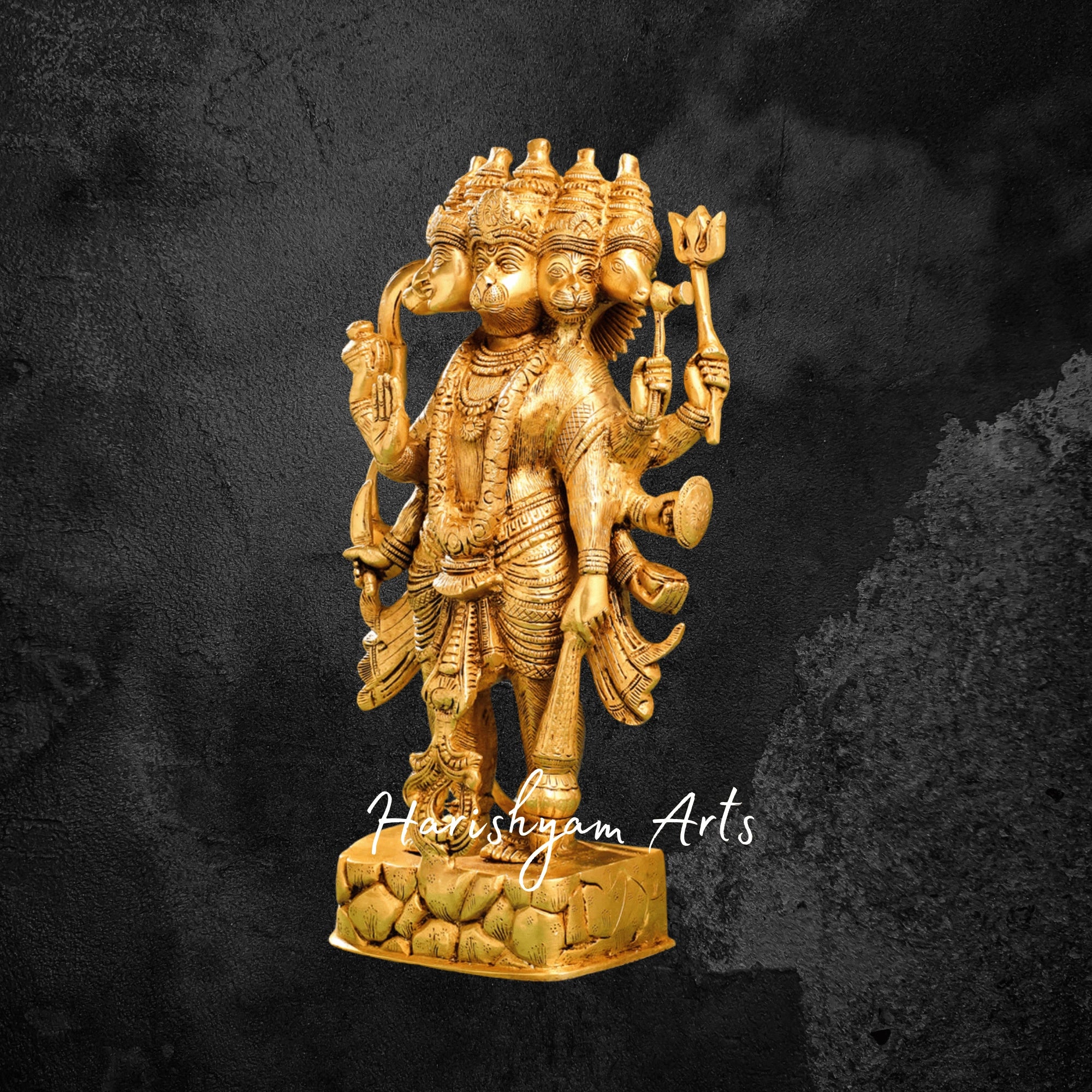 18" Gold Polish Brass Hanuman Murti in Panchmukhi Form for Protection and Blessings