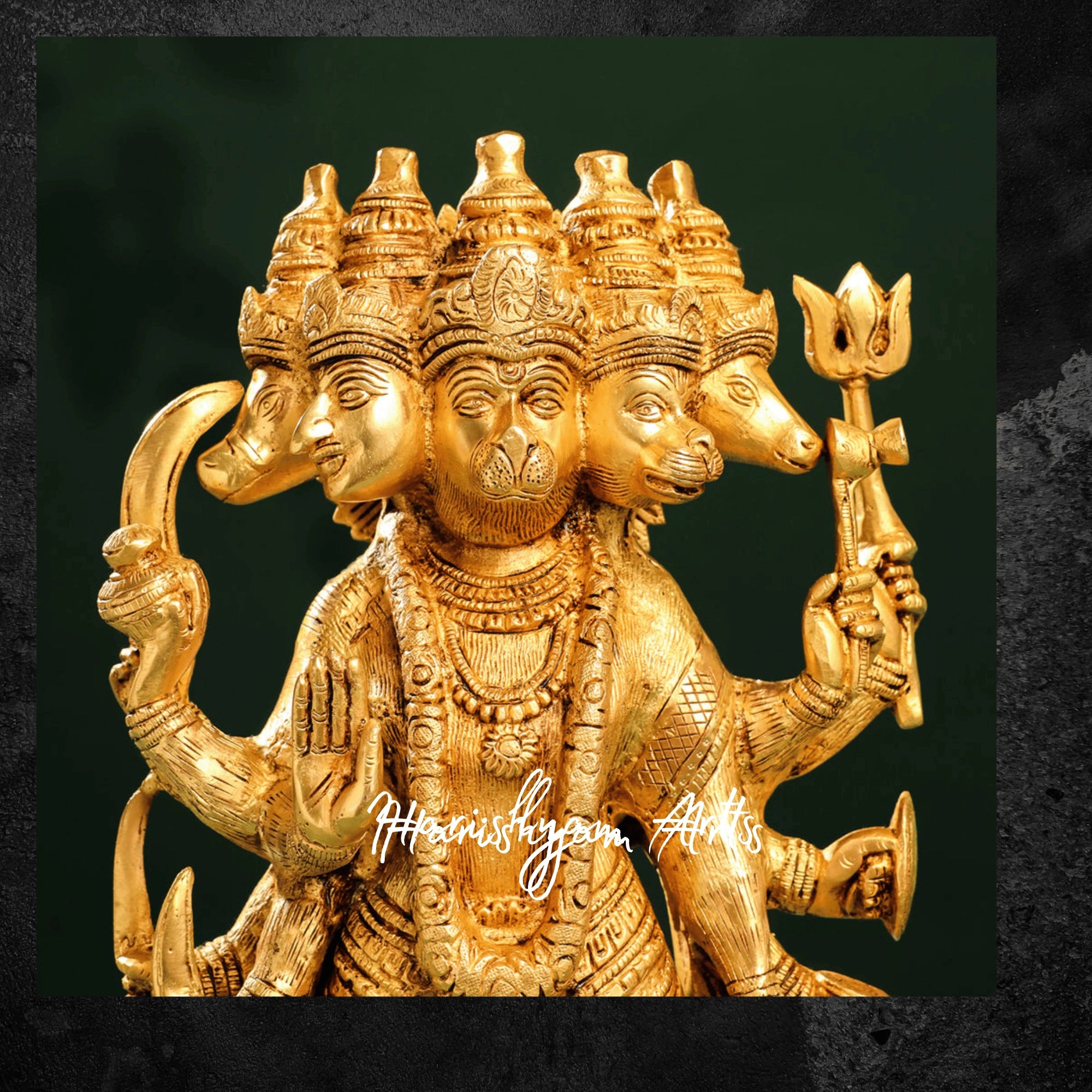 18" Gold Polish Brass Hanuman Murti in Panchmukhi Form for Protection and Blessings