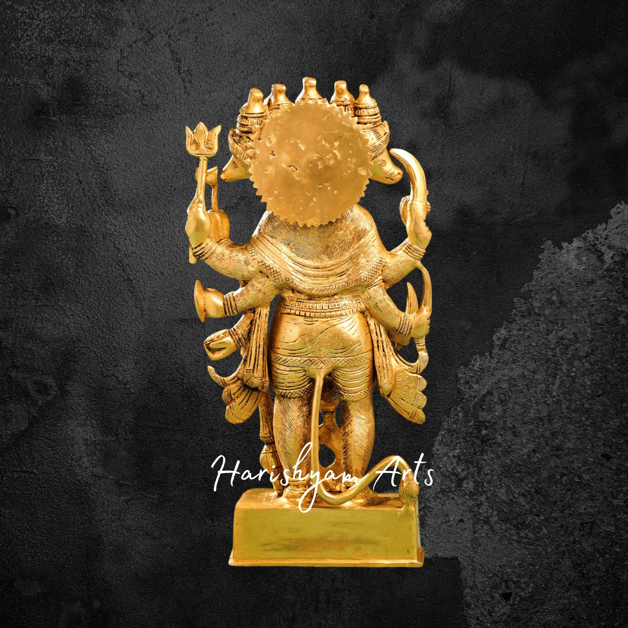 18" Gold Polish Brass Hanuman Murti in Panchmukhi Form for Protection and Blessings