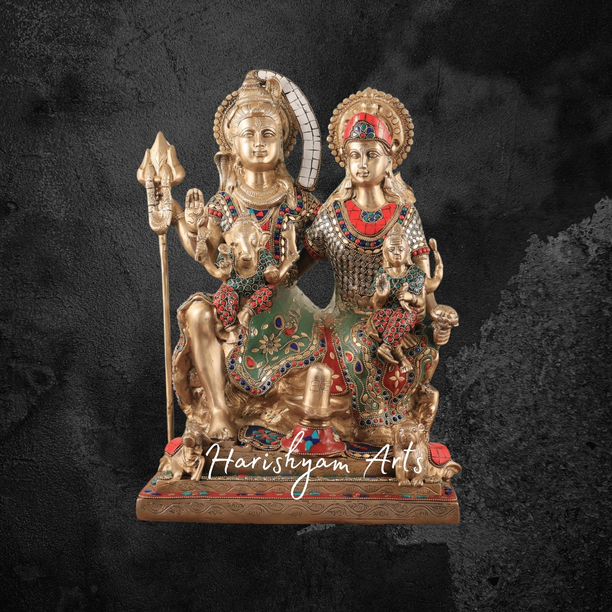 18" Handcrafted Brass Lord Shiva Family Idol with Meenakari Artwork