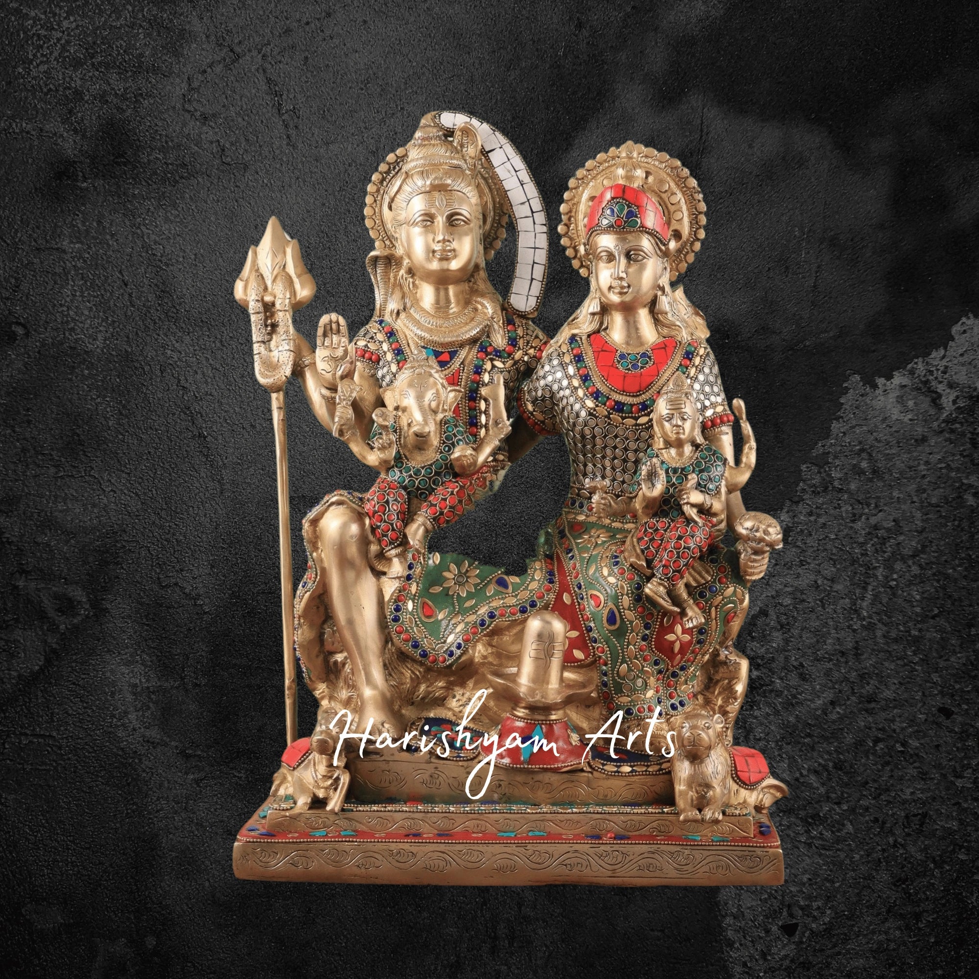 18" Handcrafted Brass Lord Shiva Family Idol with Meenakari Artwork