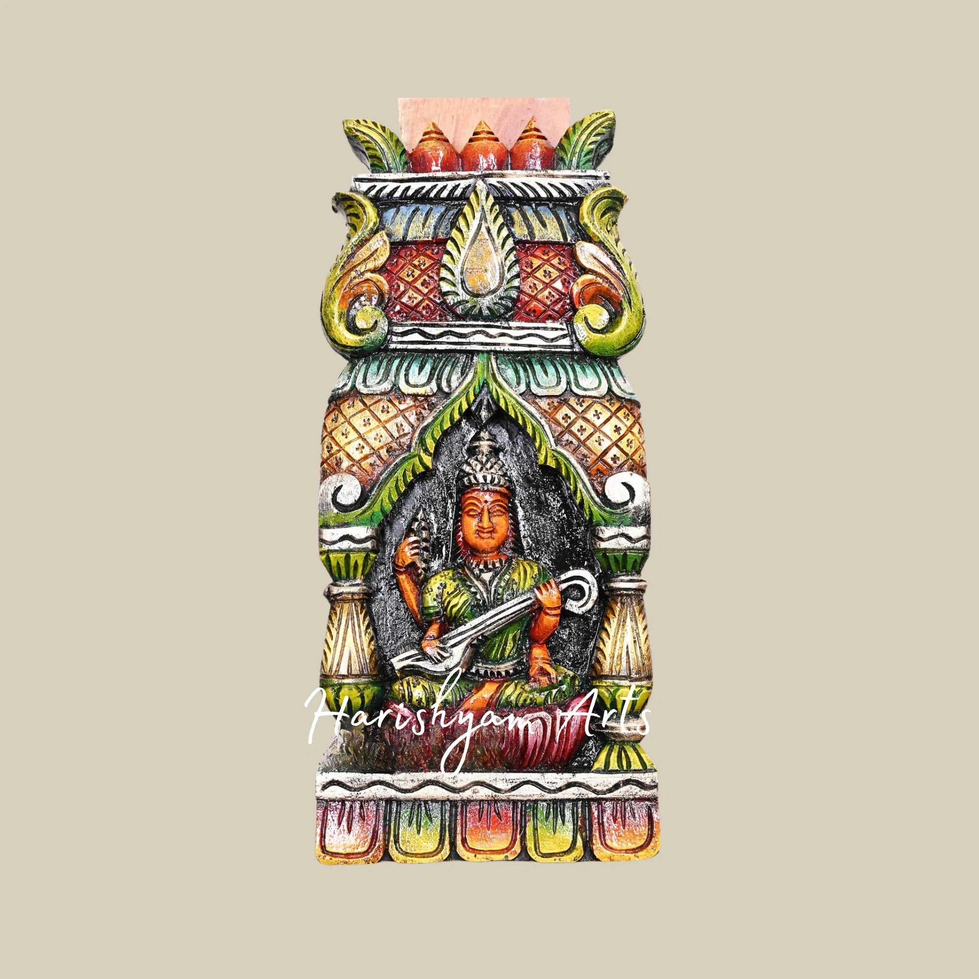 18" Handmade Wooden Goddess Saraswati Kavadi Seated on Pink Lotus with Greenish Finish and Pillar Design for Entrance Décor