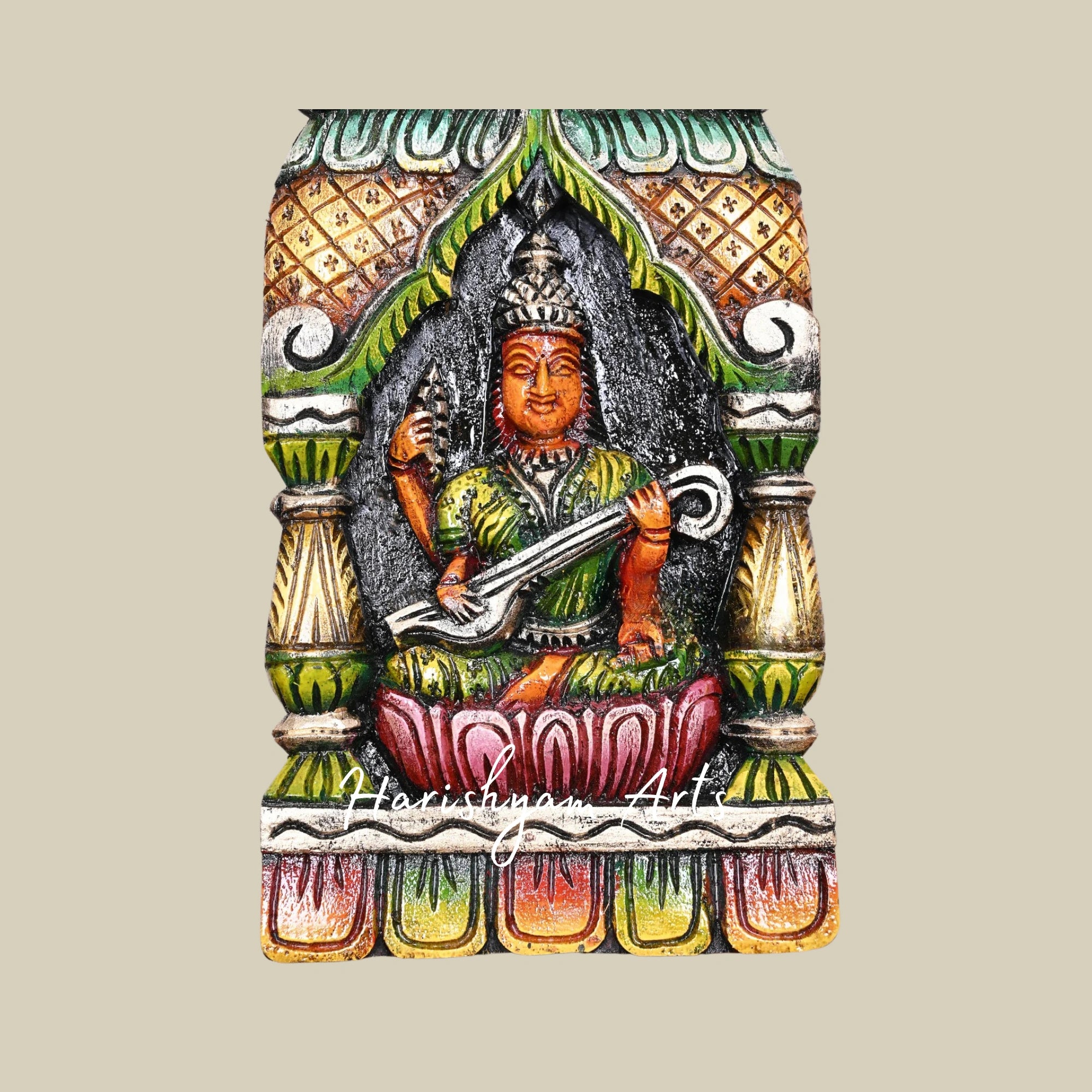 18" Handmade Wooden Goddess Saraswati Kavadi Seated on Pink Lotus with Greenish Finish and Pillar Design for Entrance Décor