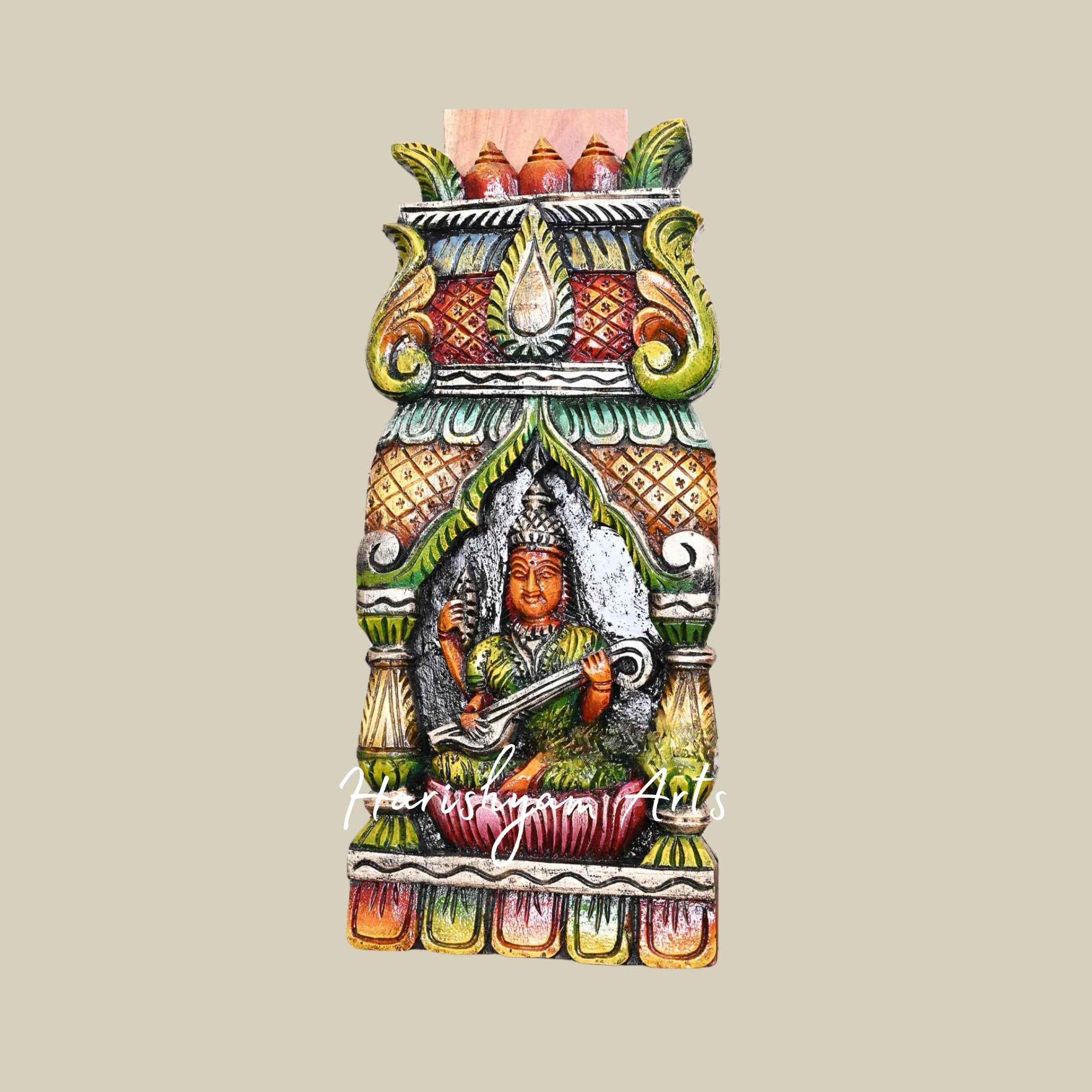 18" Handmade Wooden Goddess Saraswati Kavadi Seated on Pink Lotus with Greenish Finish and Pillar Design for Entrance Décor