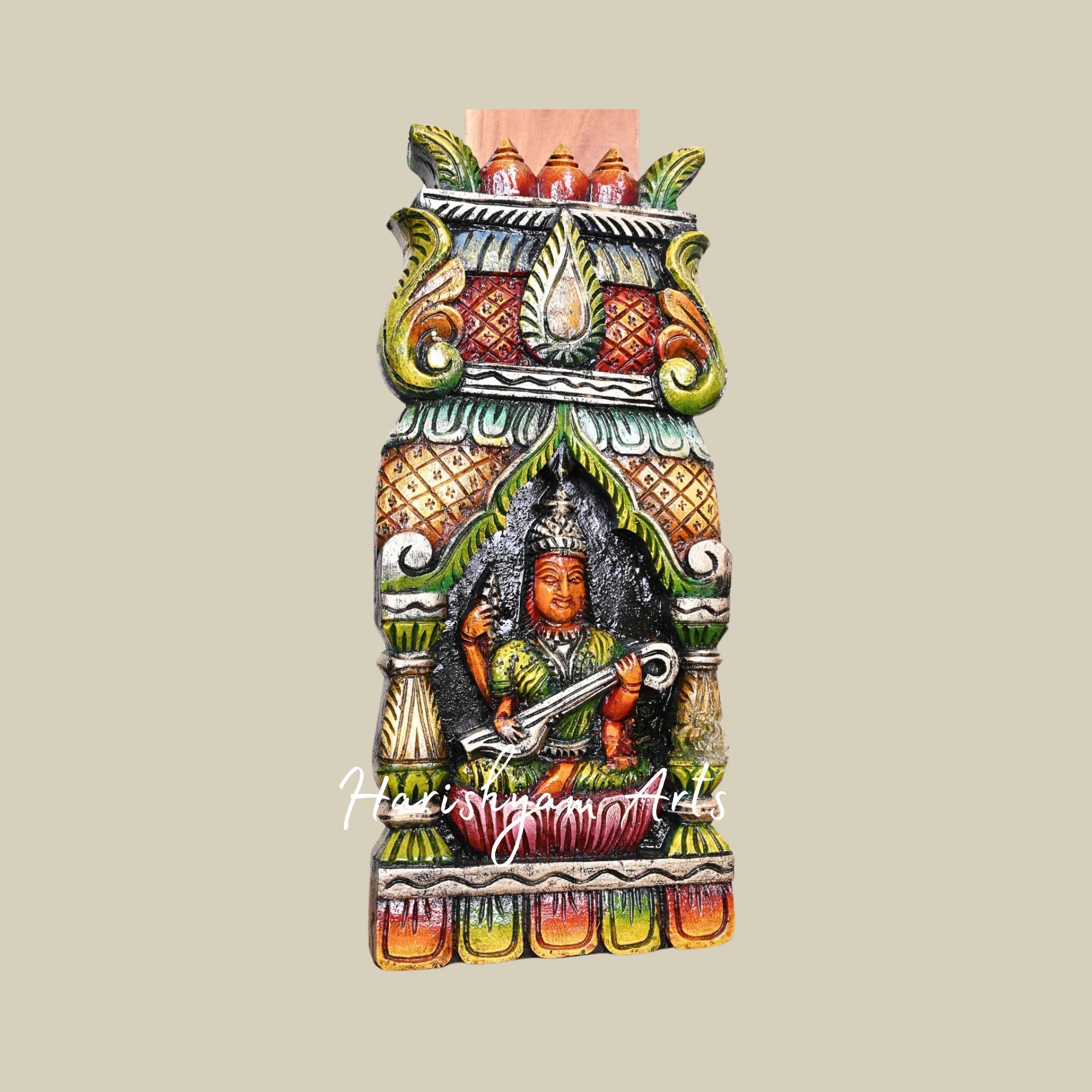 18" Handmade Wooden Goddess Saraswati Kavadi Seated on Pink Lotus with Greenish Finish and Pillar Design for Entrance Décor