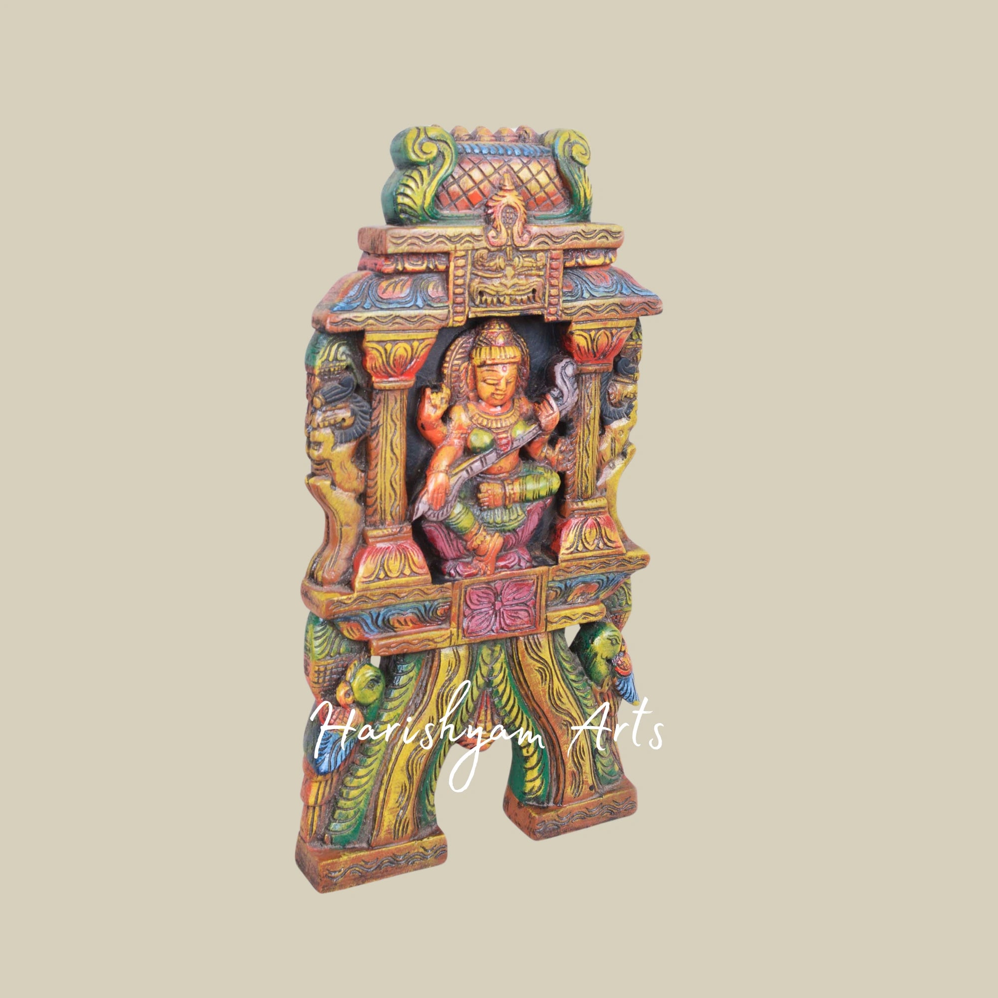 18" Handmade Wooden Goddess Saraswati Kavadi for Pooja Room Décor