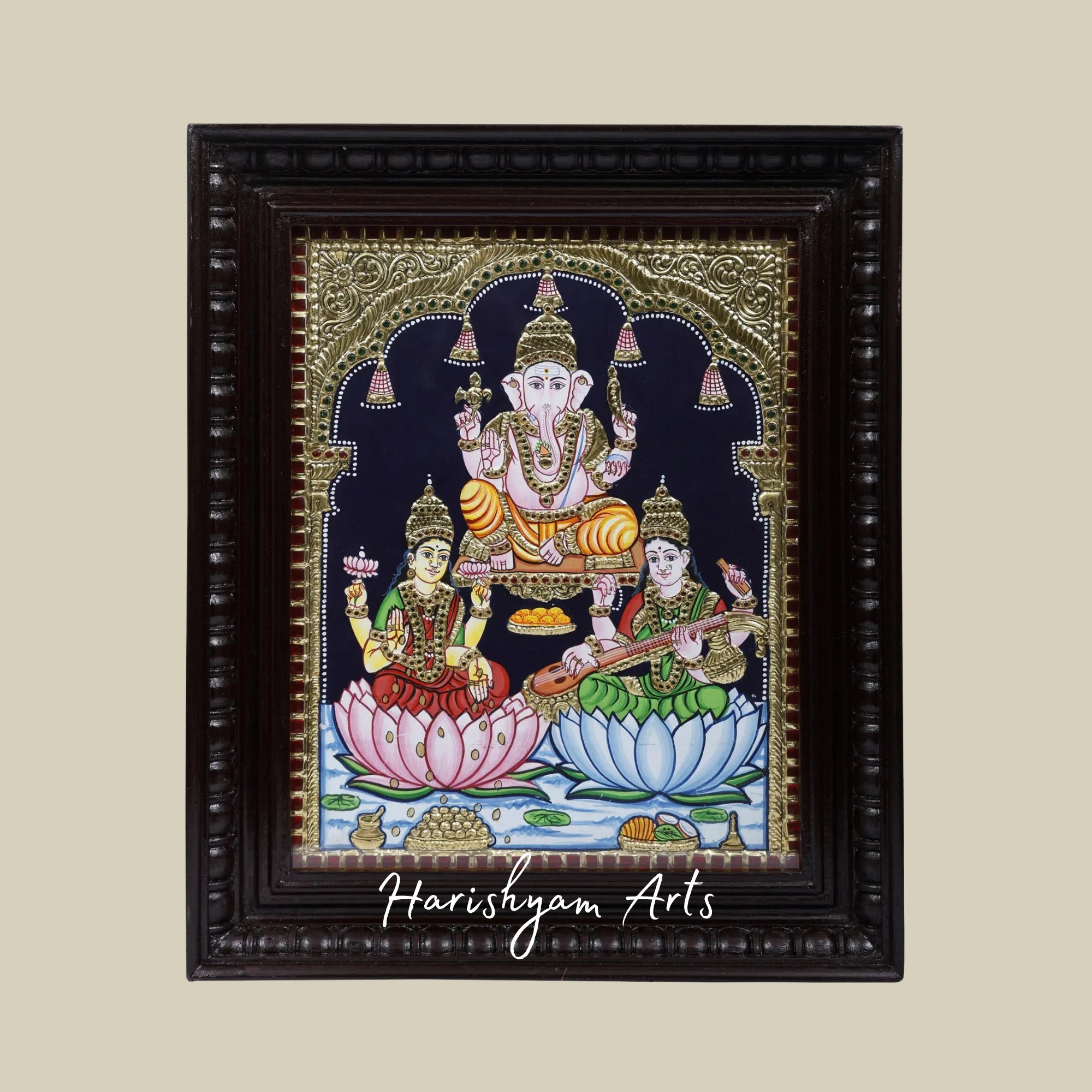 18" Lakshmi Ganesha Saraswati Tanjore Painting with Frame and Gold Accents
