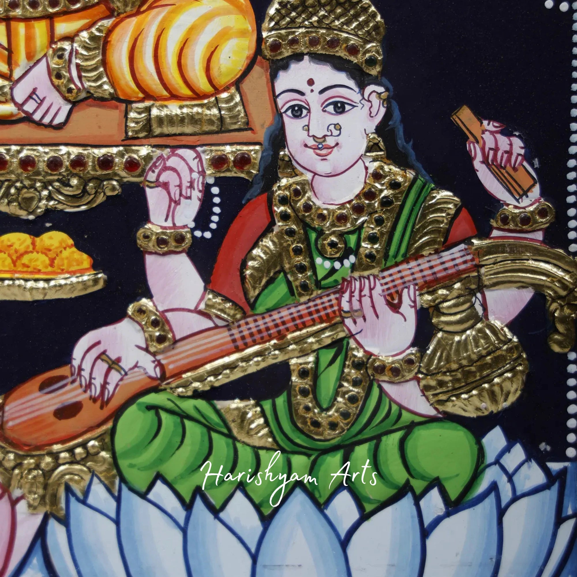 18" Lakshmi Ganesha Saraswati Tanjore Painting with Frame and Gold Accents4