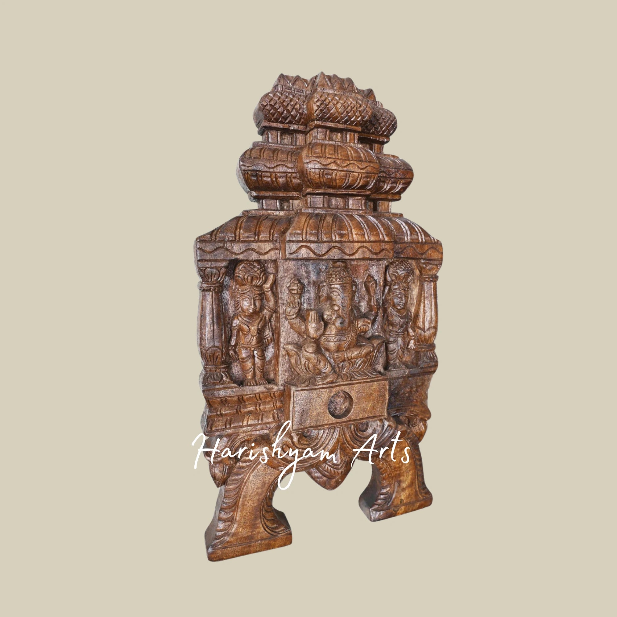 18" Lightweight Wooden Ganapathy Kavadi with Pillar and Mandap Design Featuring Two Sevagars Holding Jackfruit