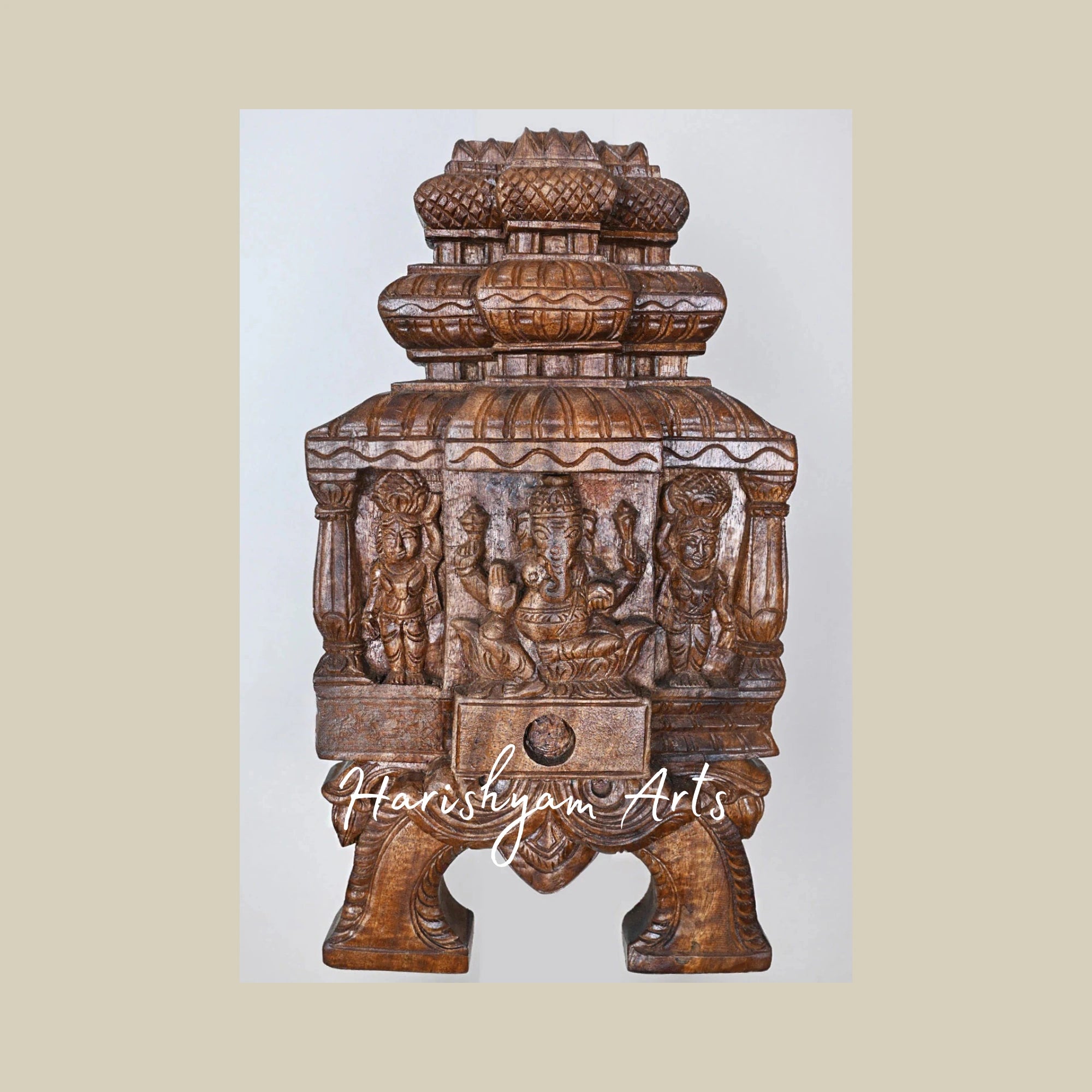 18" Lightweight Wooden Ganapathy Kavadi with Pillar and Mandap Design Featuring Two Sevagars Holding Jackfruit