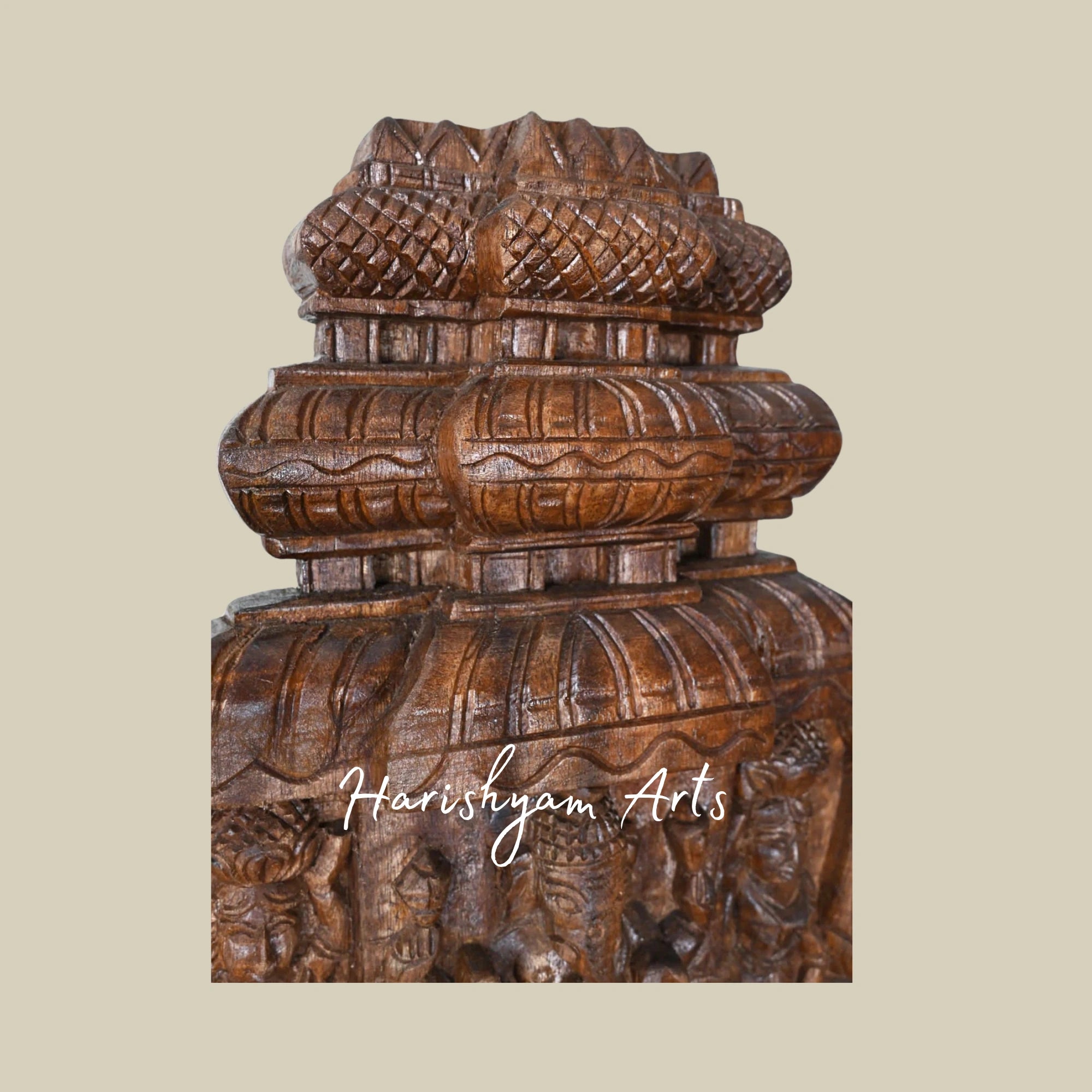 18" Lightweight Wooden Ganapathy Kavadi with Pillar and Mandap Design Featuring Two Sevagars Holding Jackfruit