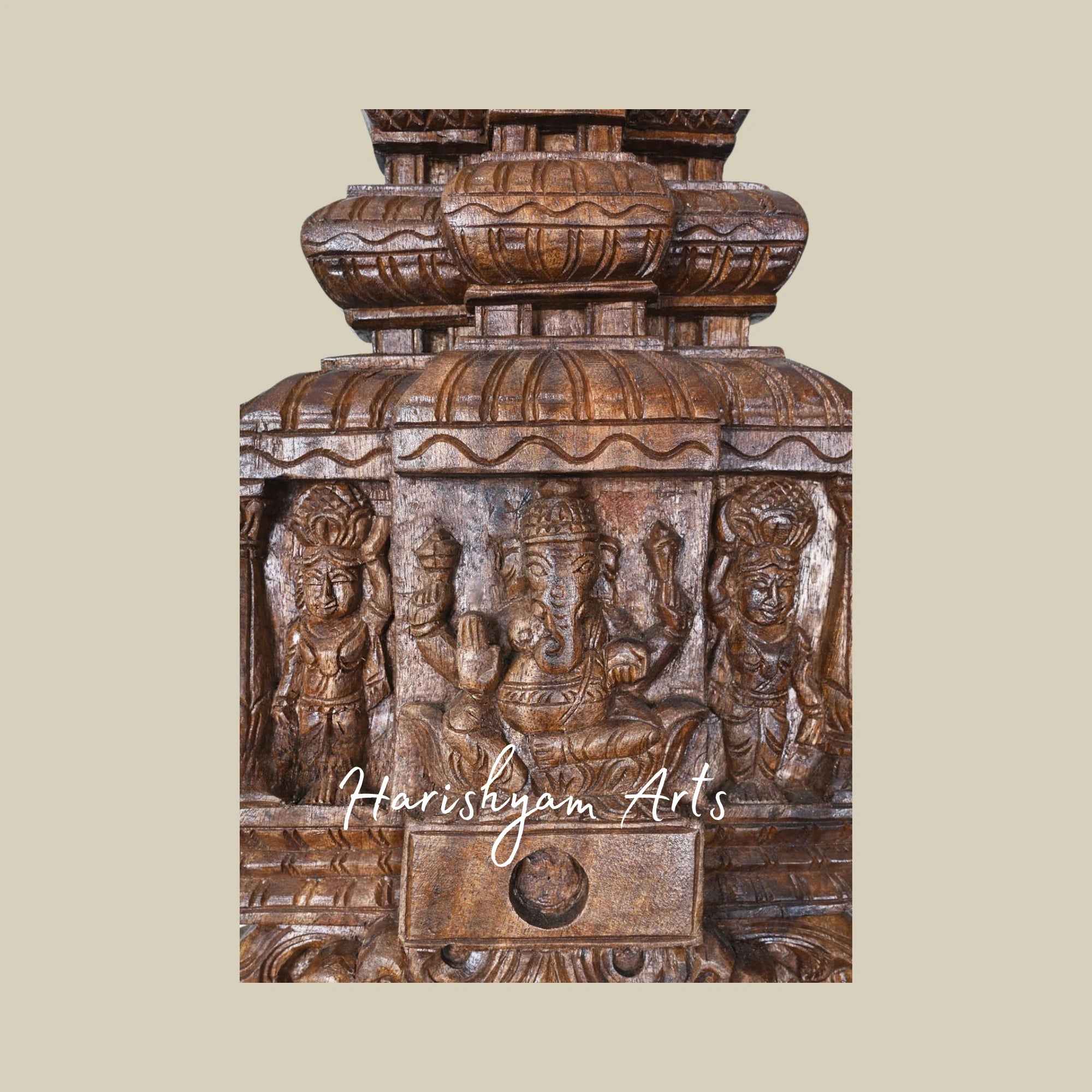 18" Lightweight Wooden Ganapathy Kavadi with Pillar and Mandap Design Featuring Two Sevagars Holding Jackfruit