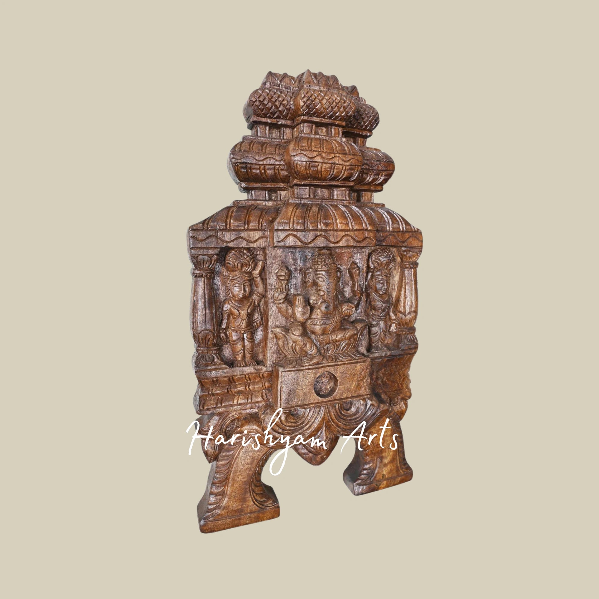 18" Lightweight Wooden Ganapathy Kavadi with Pillar and Mandap Design Featuring Two Sevagars Holding Jackfruit