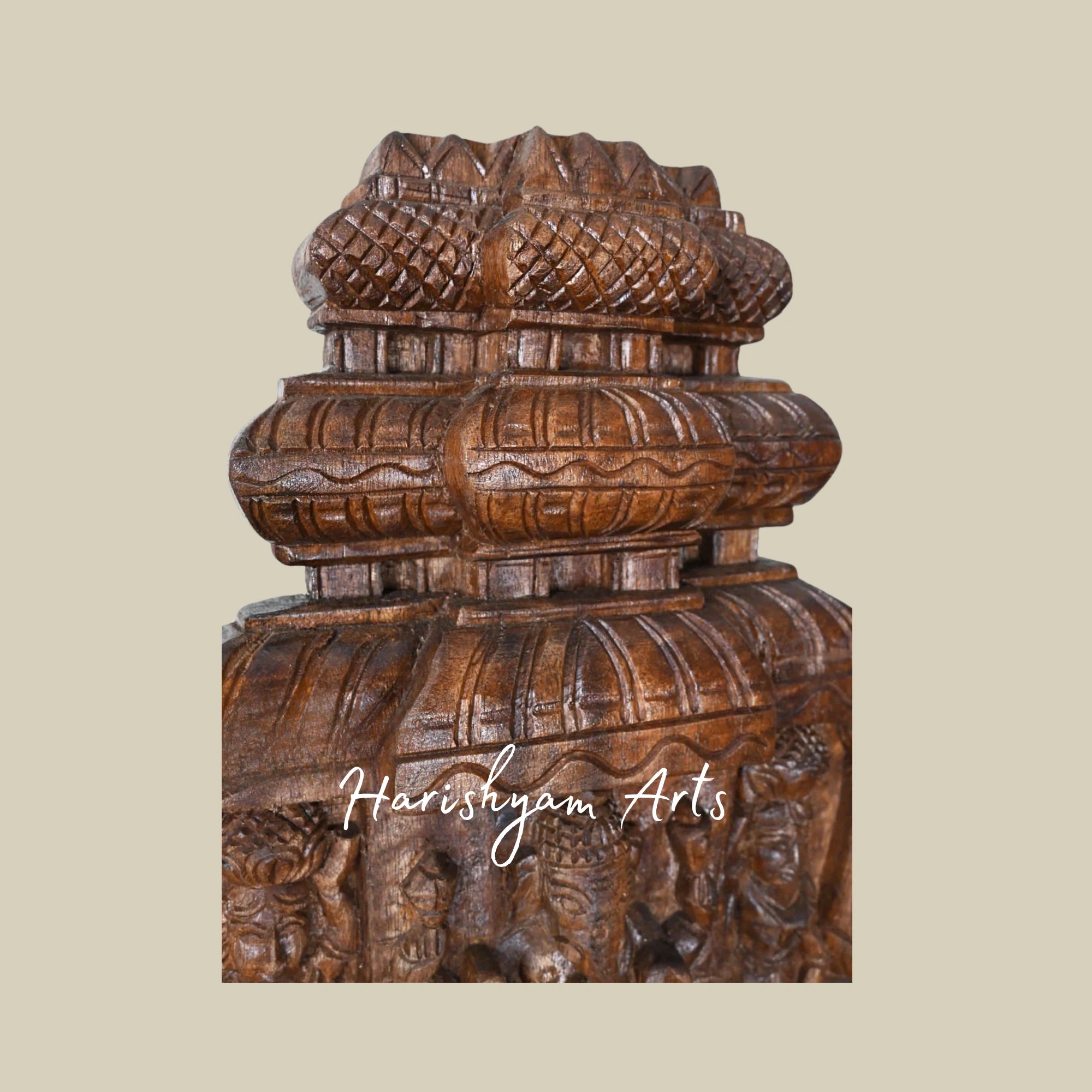 18" Lightweight Wooden Ganapathy Kavadi with Pillar and Mandap Design Featuring Two Sevagars Holding Jackfruit