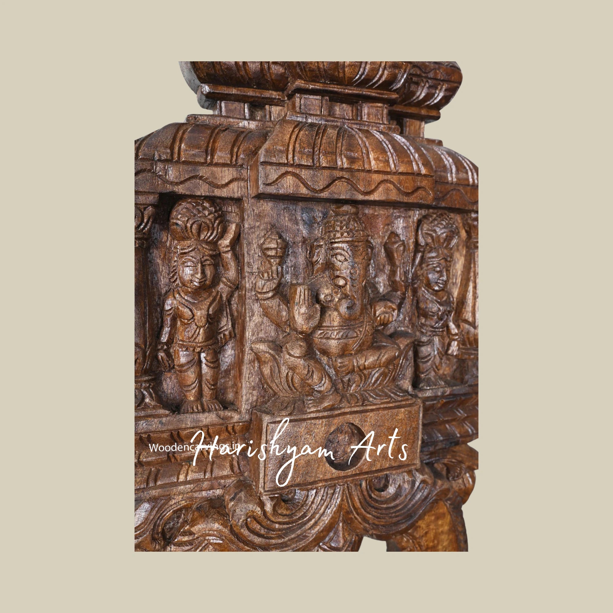 18" Lightweight Wooden Ganapathy Kavadi with Pillar and Mandap Design Featuring Two Sevagars Holding Jackfruit