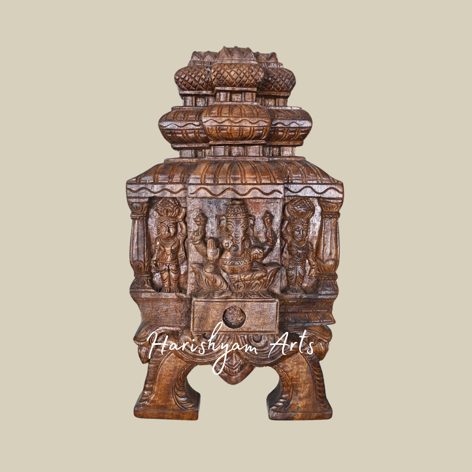 18" Lightweight Wooden Ganapathy Kavadi with Pillar and Mandap Design Featuring Two Sevagars Holding Jackfruit