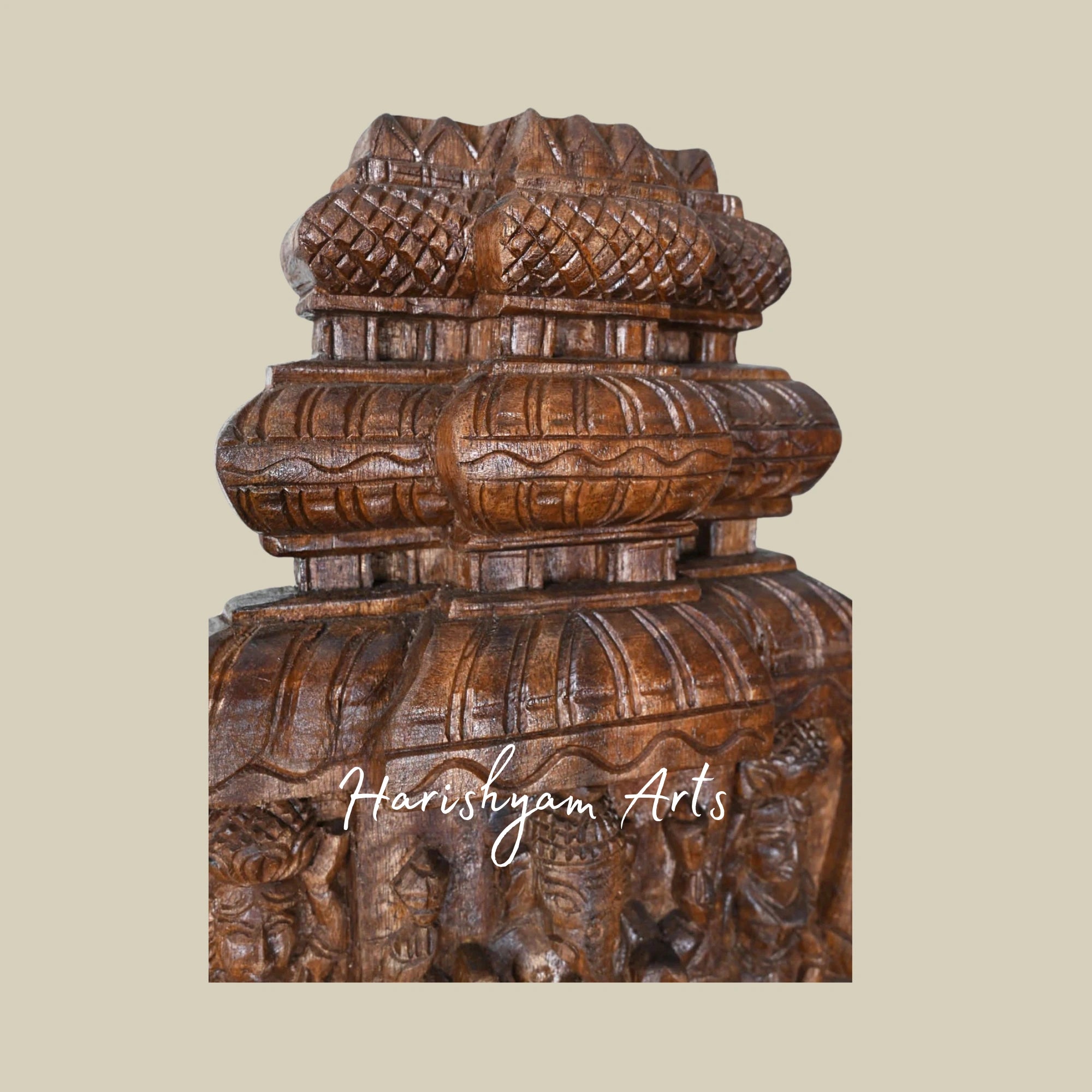 18" Lightweight Wooden Ganapathy Kavadi with Pillar and Mandap Design Featuring Two Sevagars Holding Jackfruit