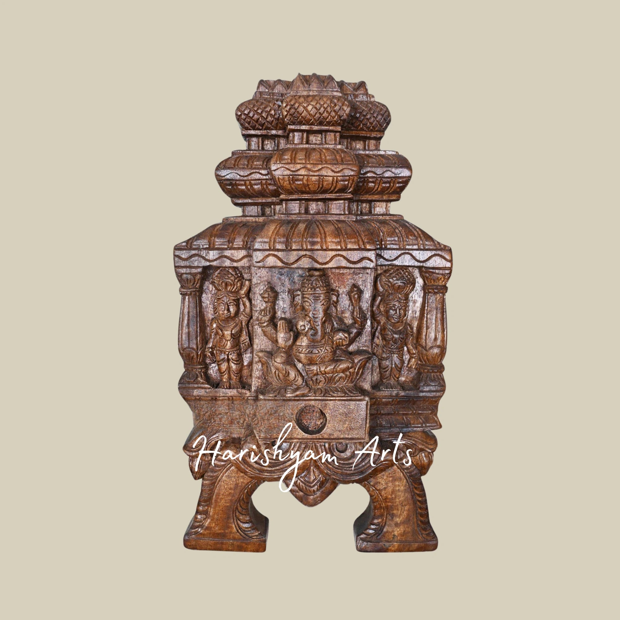 18" Lightweight Wooden Ganapathy Kavadi with Pillar and Mandap Design Featuring Two Sevagars Holding Jackfruit