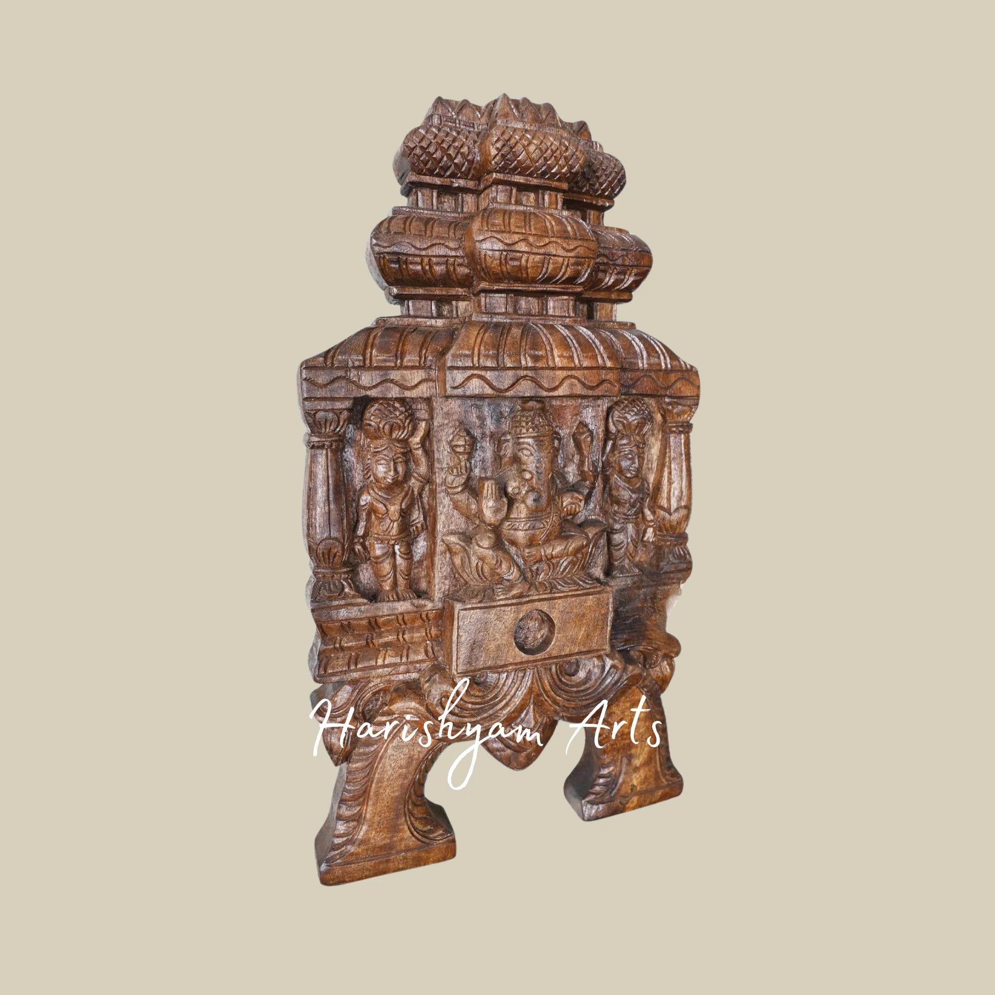 18" Lightweight Wooden Ganapathy Kavadi with Pillar and Mandap Design Featuring Two Sevagars Holding Jackfruit