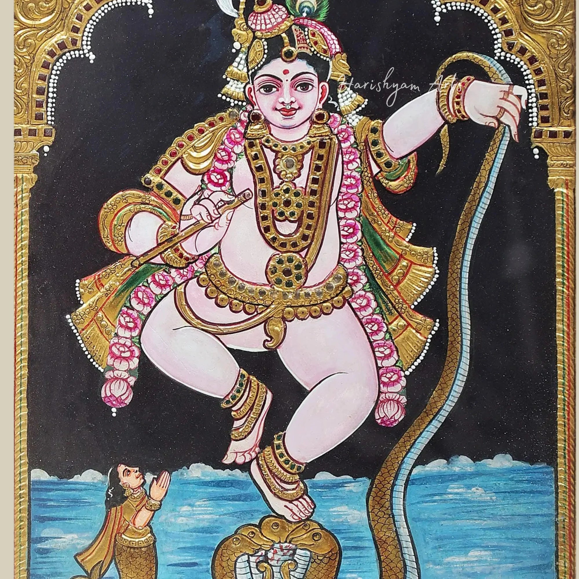 18" Lord Krishna Dancing on Kaliya Serpent Tanjore Painting