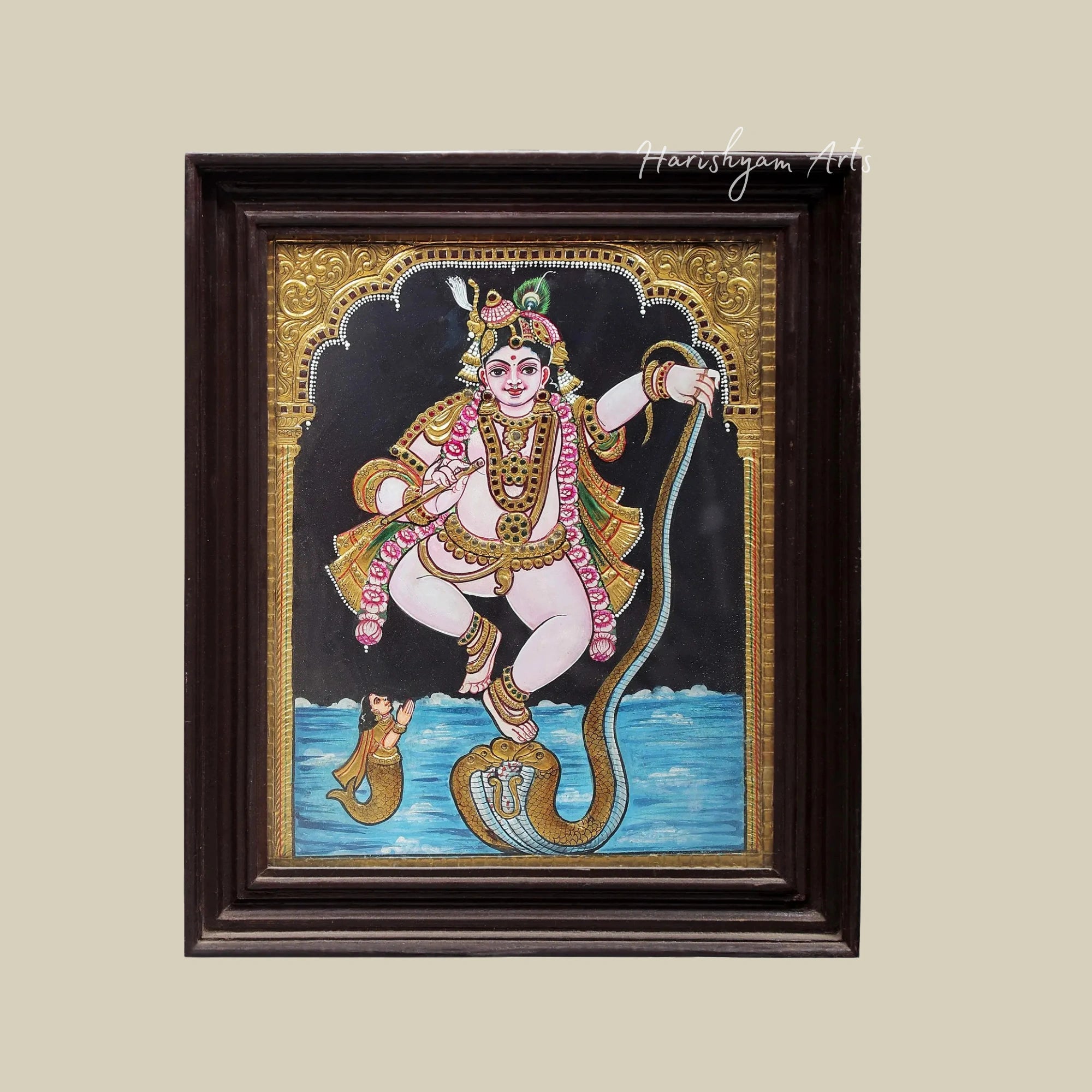 18" Lord Krishna Dancing on Kaliya Serpent Tanjore Painting