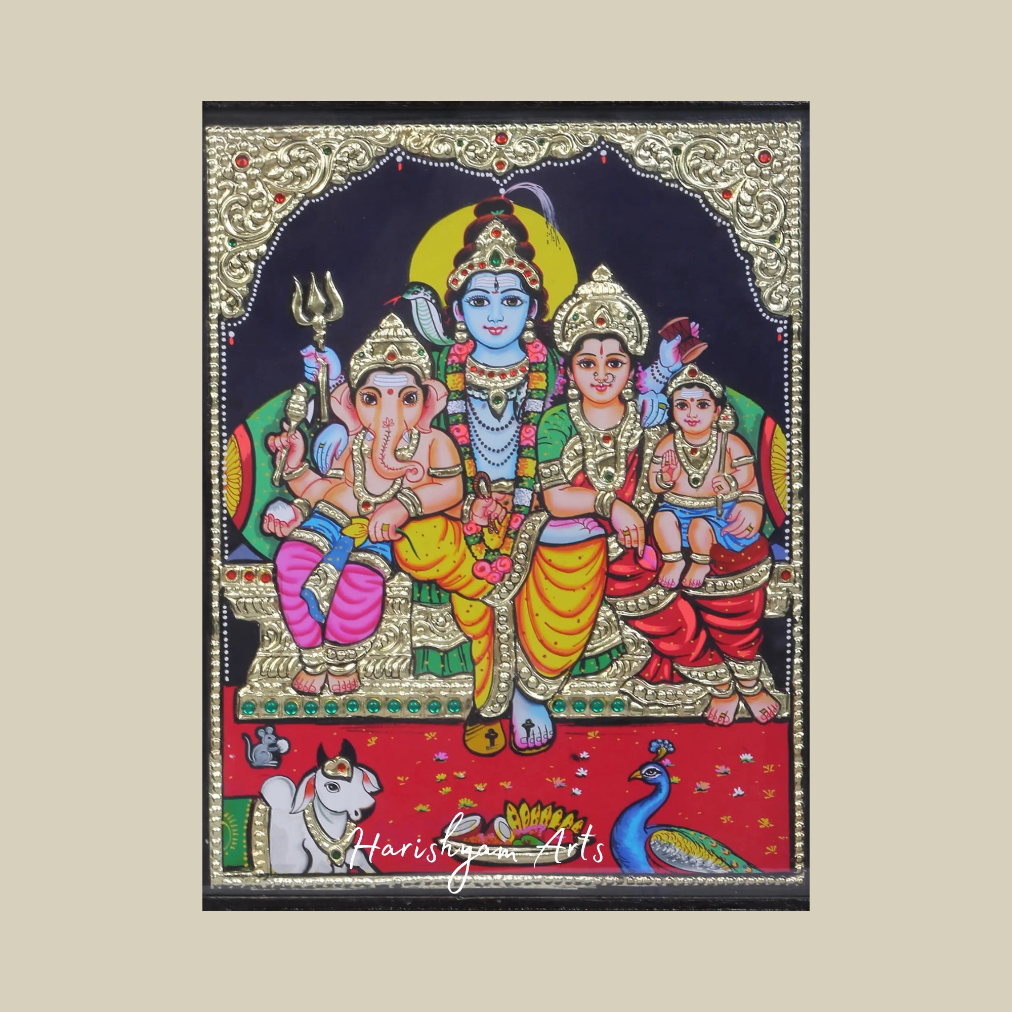 15" Lord Shiva Parivar Tanjore Painting with 24K Gold Detailing