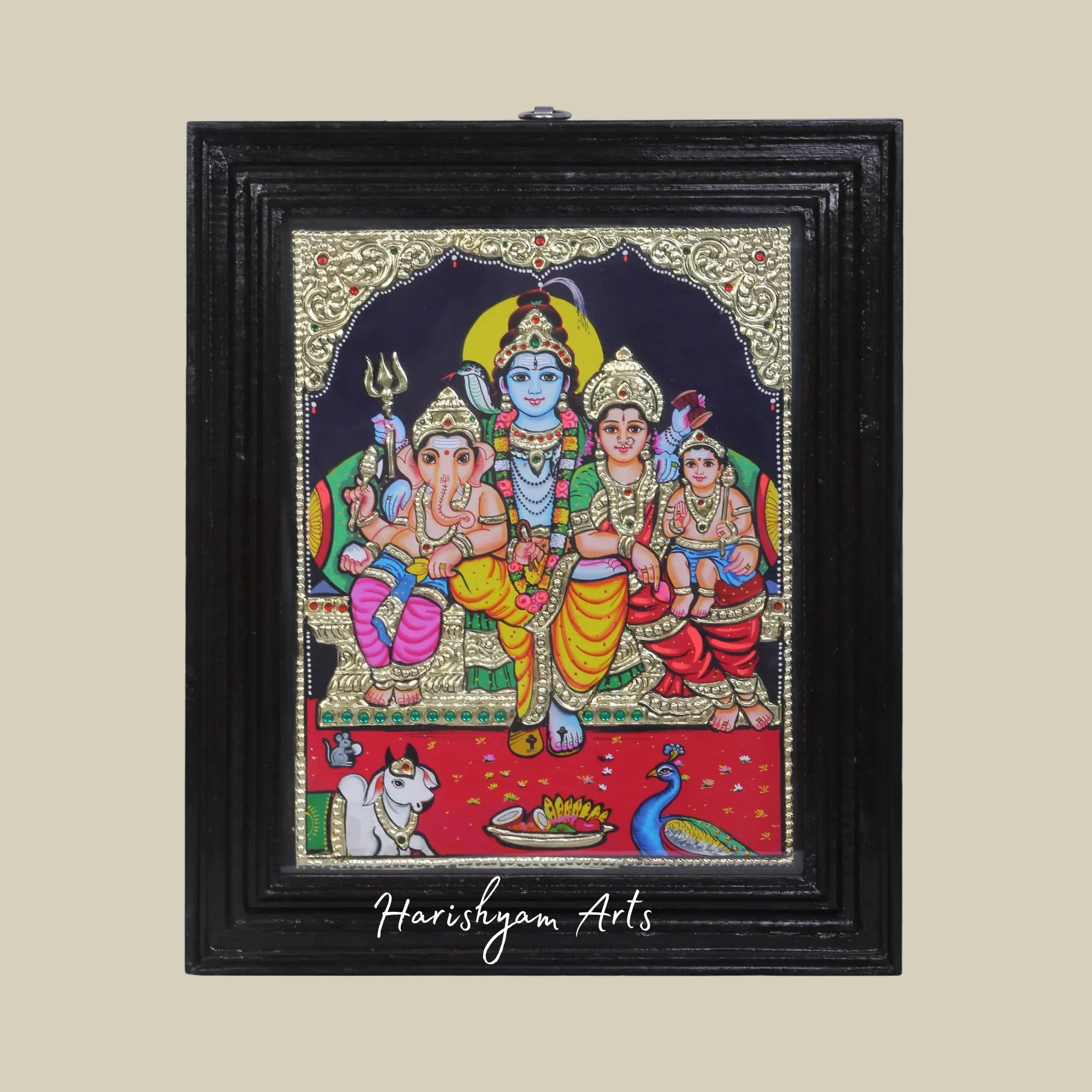 15" Lord Shiva Parivar Tanjore Painting with 24K Gold Detailing
