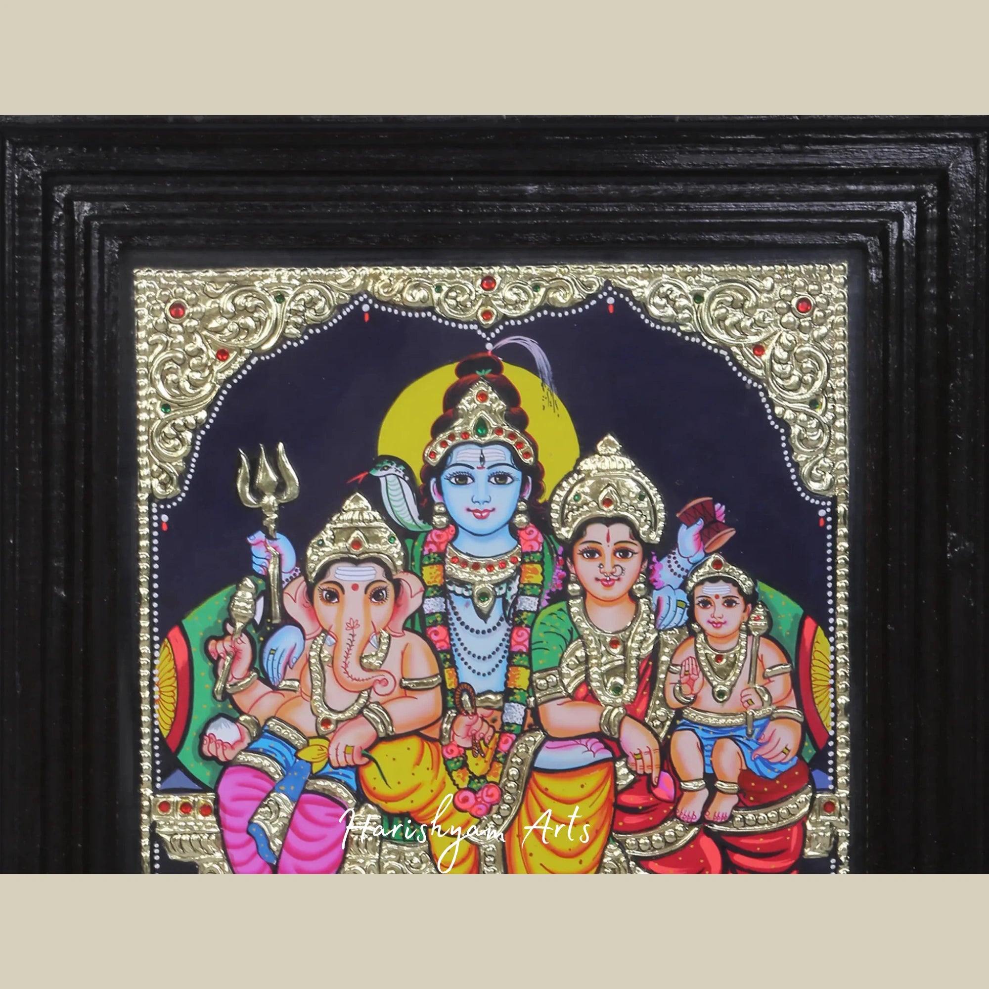 15" Lord Shiva Parivar Tanjore Painting with 24K Gold Detailing