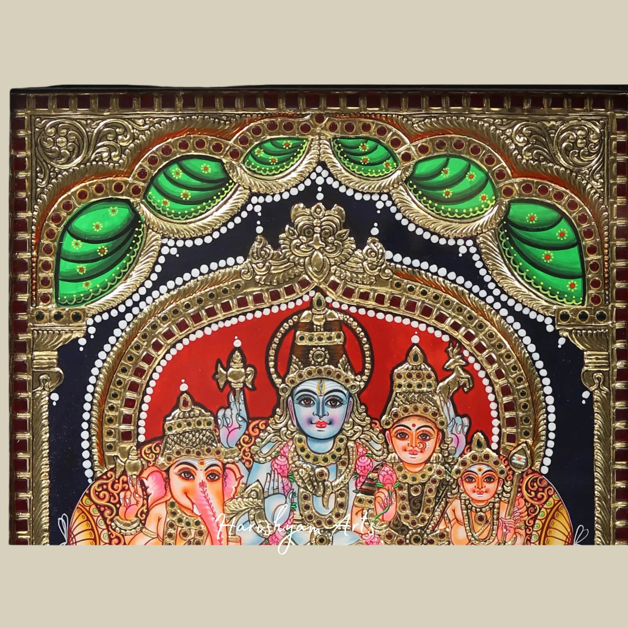18" Lord Shiva Parivar Tanjore Painting with Frame and Traditional Gold Work
