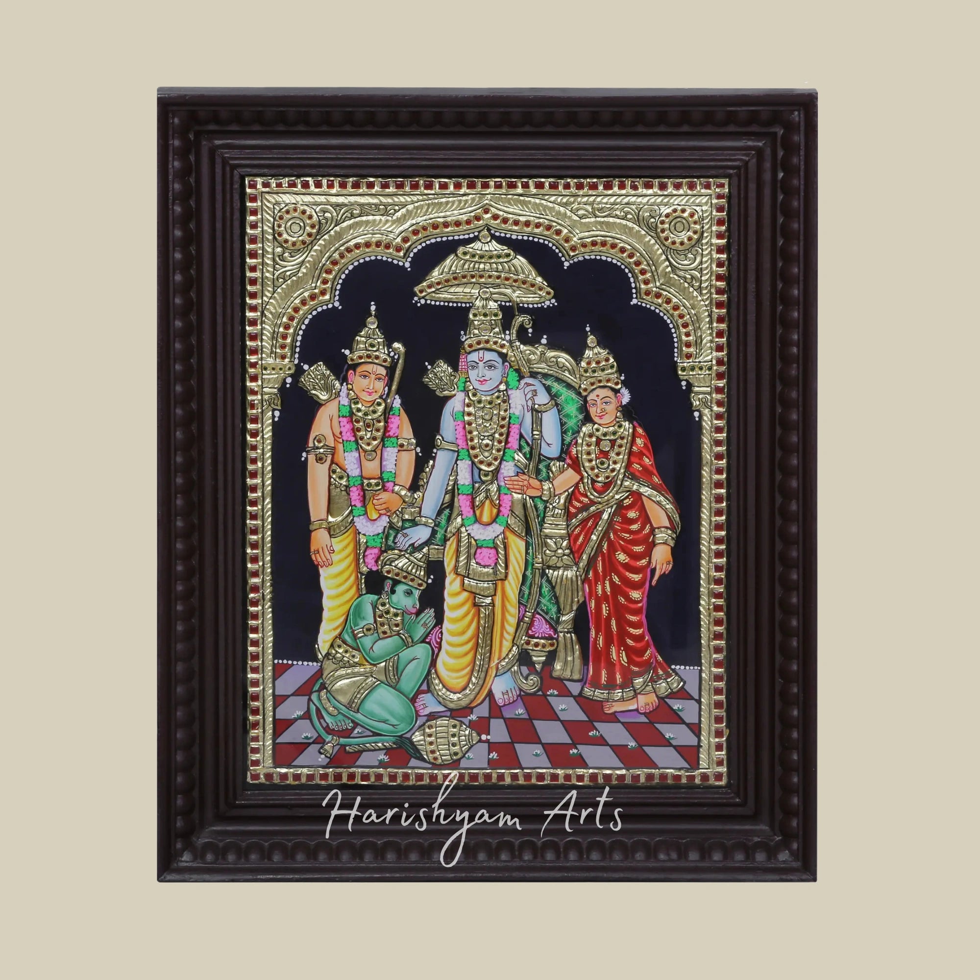 18" Ram, Sita, Laxman, and Hanuman Tanjore Painting for Spiritual Decor