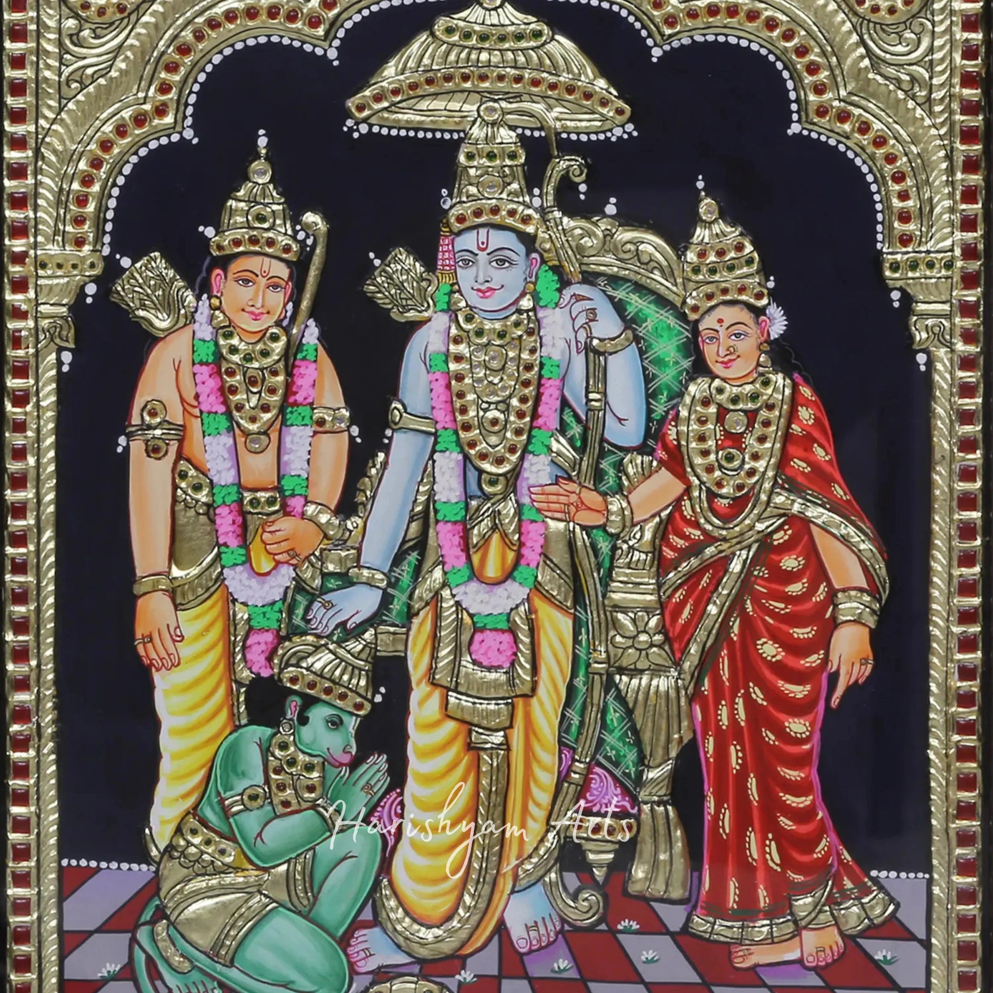 18" Ram, Sita, Laxman, and Hanuman Tanjore Painting for Spiritual Decor