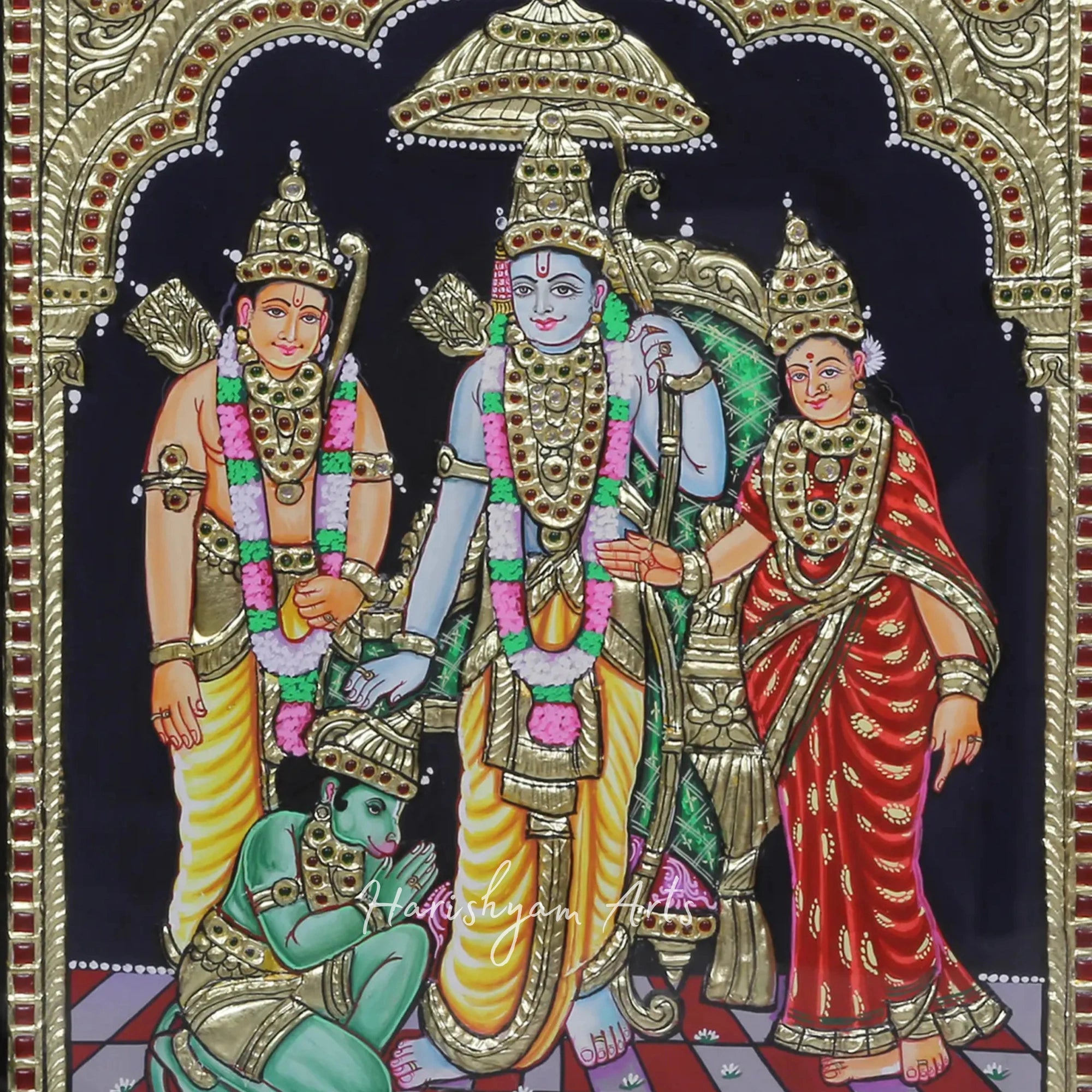 18" Ram, Sita, Laxman, and Hanuman Tanjore Painting for Spiritual Decor