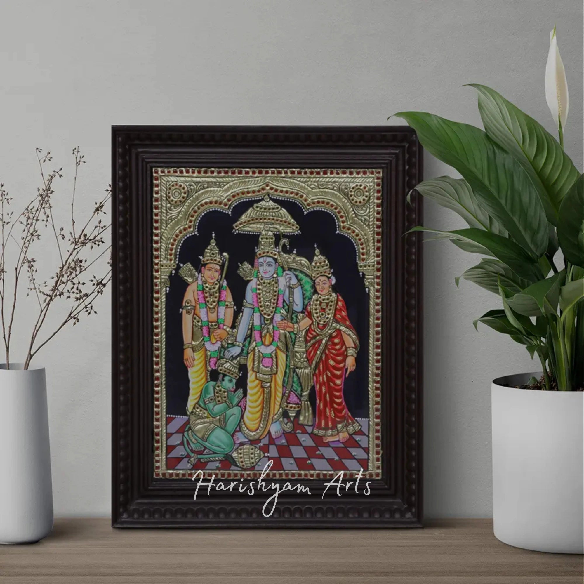 18" Ram, Sita, Laxman, and Hanuman Tanjore Painting for Spiritual Decor