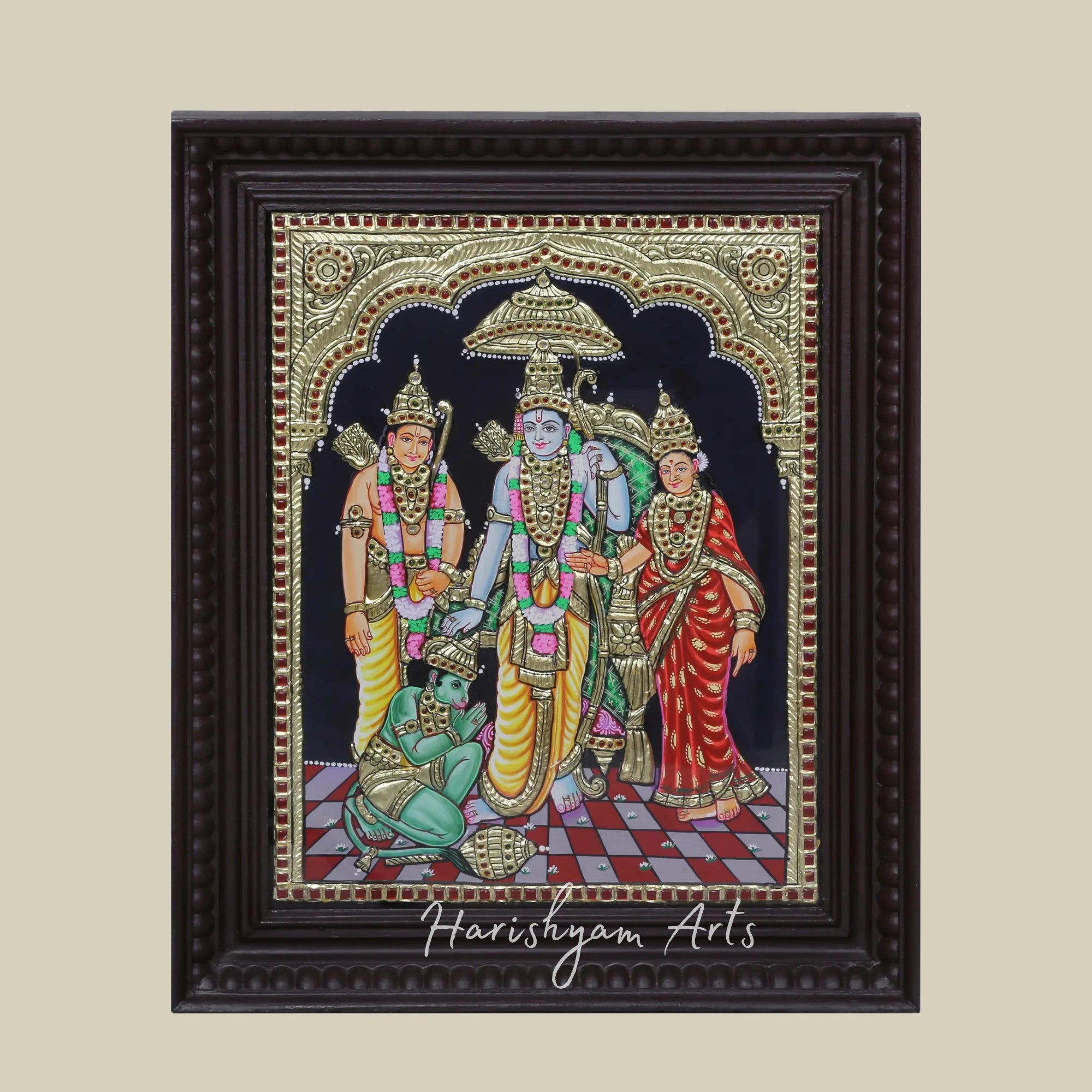 18" Ram, Sita, and Laxman with Devoted Hanuman Tanjore Painting1