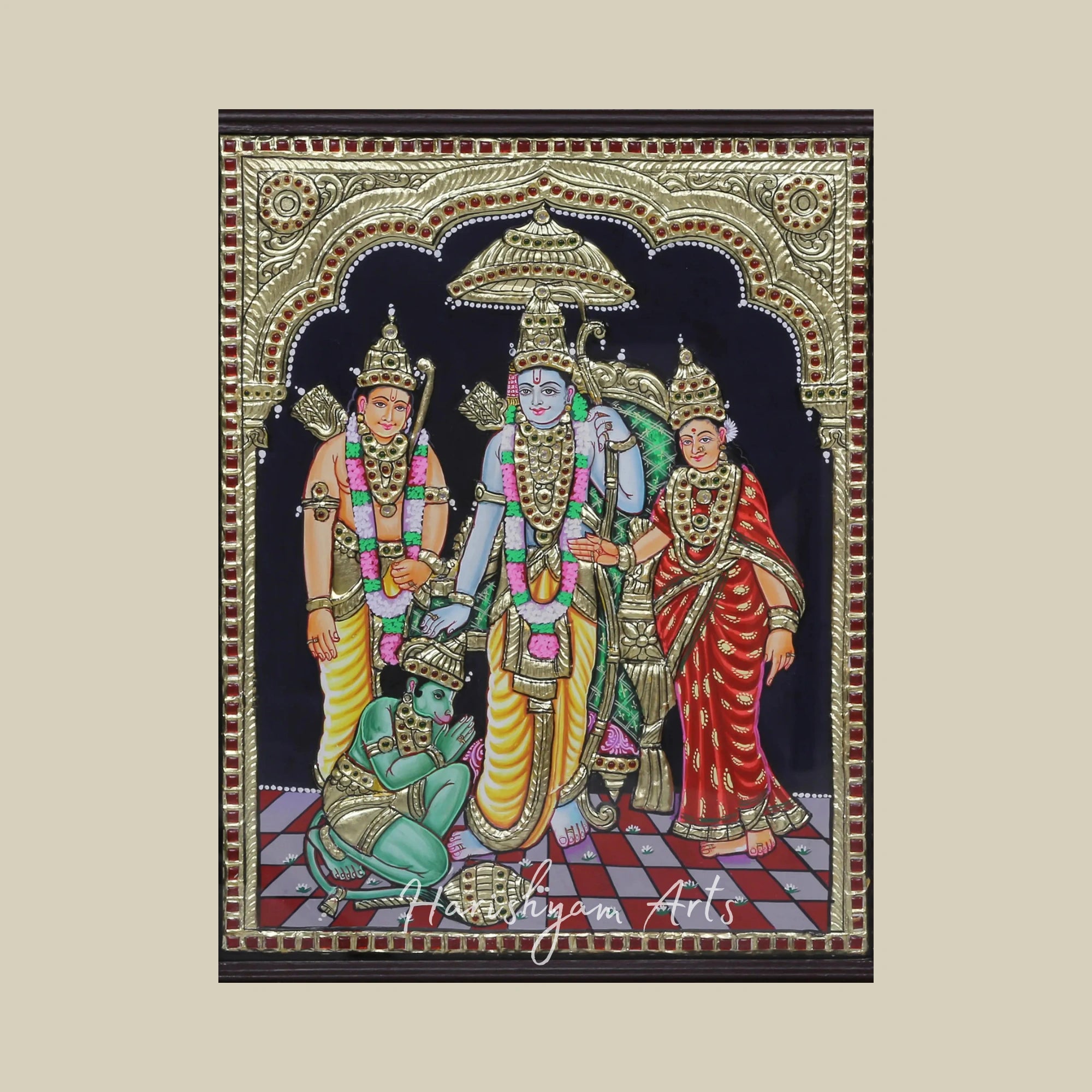 18" Ram, Sita, and Laxman with Devoted Hanuman Tanjore Painting2