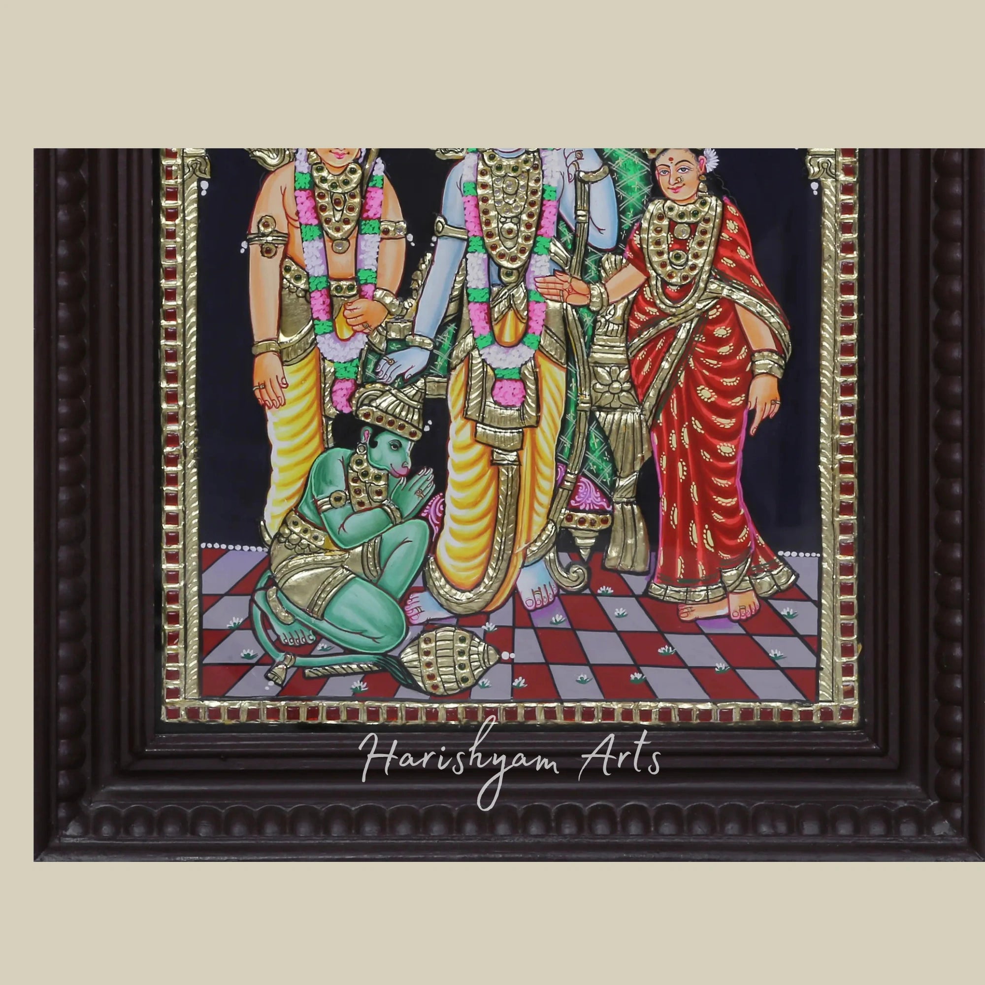 18" Ram, Sita, and Laxman with Devoted Hanuman Tanjore Painting3