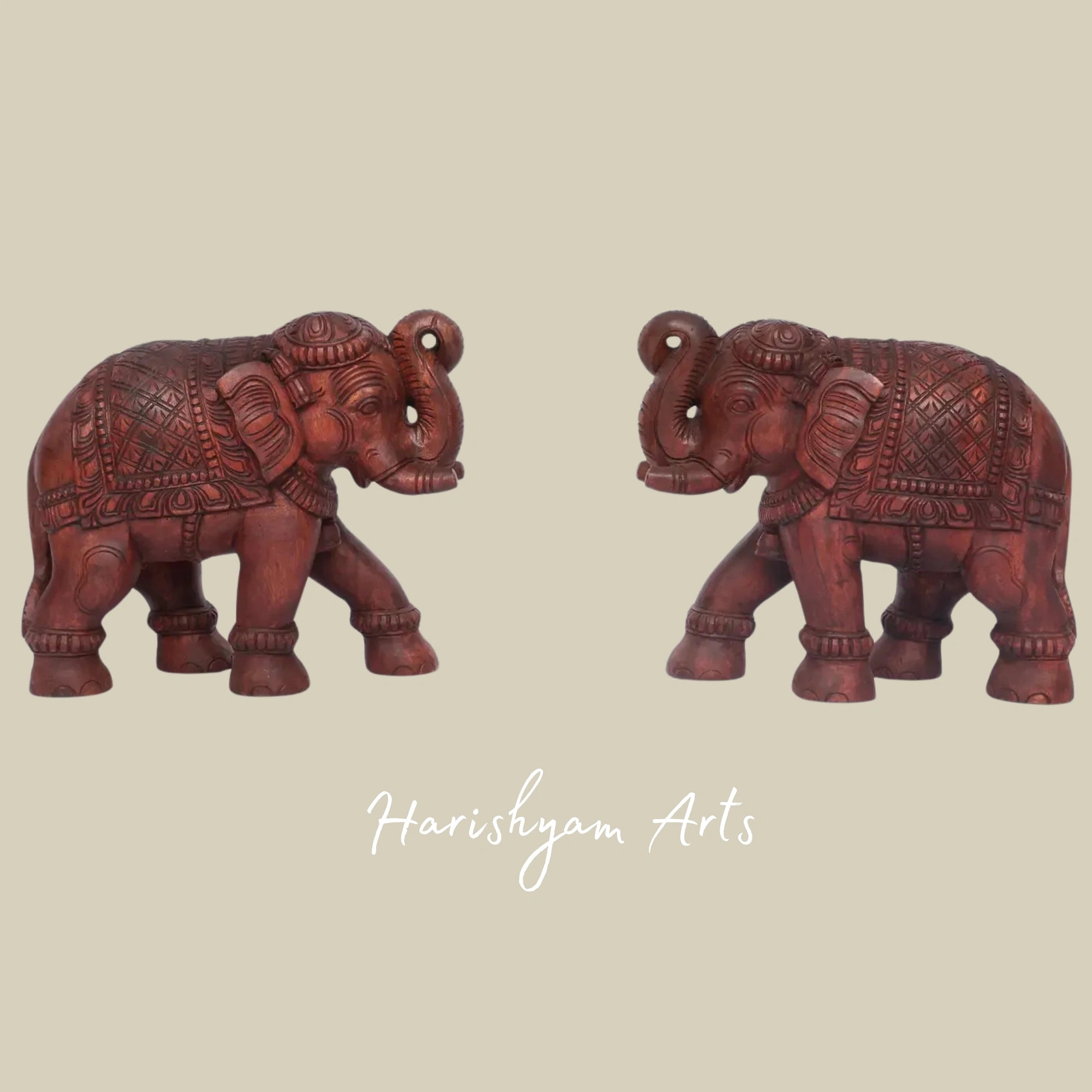 18" Royal Wooden Elephant Set – Artisan Handmade Figurines for Shelf and Table Decor